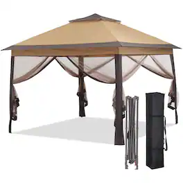 Ainfox - 11x11FT Pop Up Canopy Tent with Mesh Netting,Portable Carry Bag,Stakes & Ropes,Outdoor Gazebo - Brown