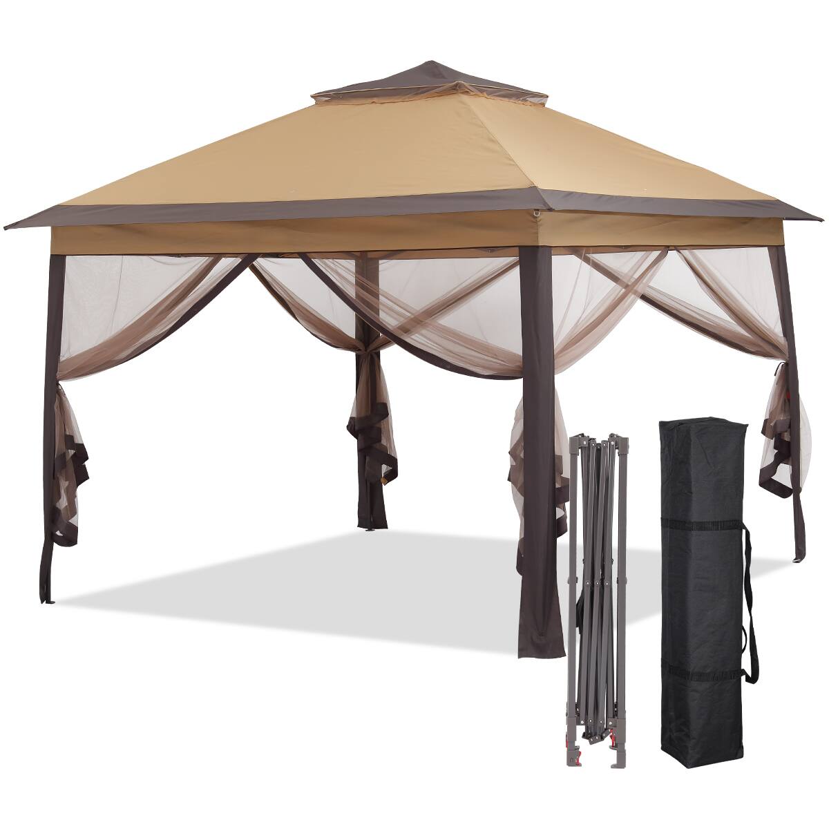 Angle. Ainfox - Ainfox 11x11FT Pop Up Canopy Tent with Mesh Netting,Portable Carry Bag,Stakes & Ropes,Outdoor Gazebo - Brown.