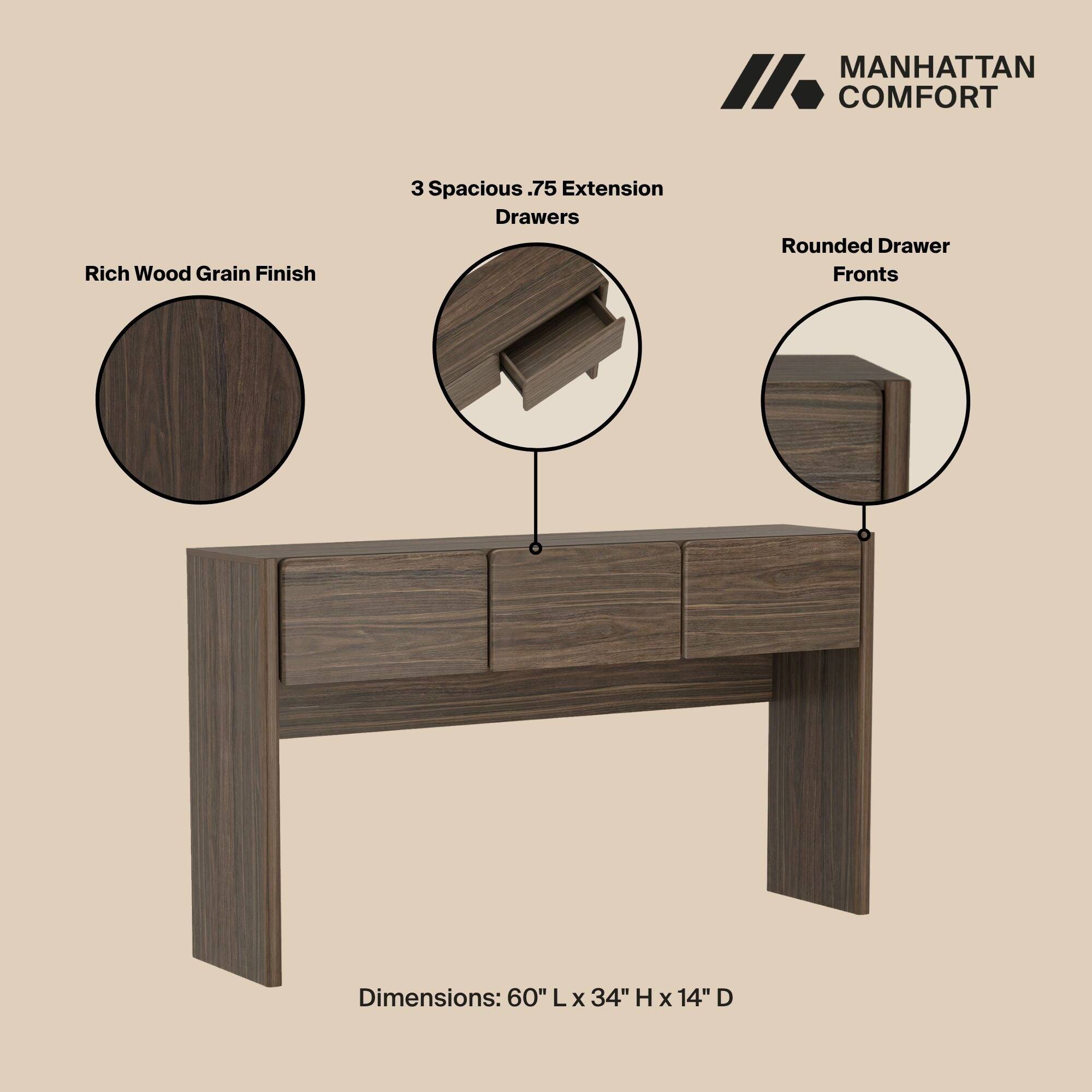 MANHATTAN COMFORT

Rich Wood Grain Finish

3 Spacious .75 Extension Drawers

Rounded Drawer Fronts

Dimensions: 60" L x 34" H x 14" D