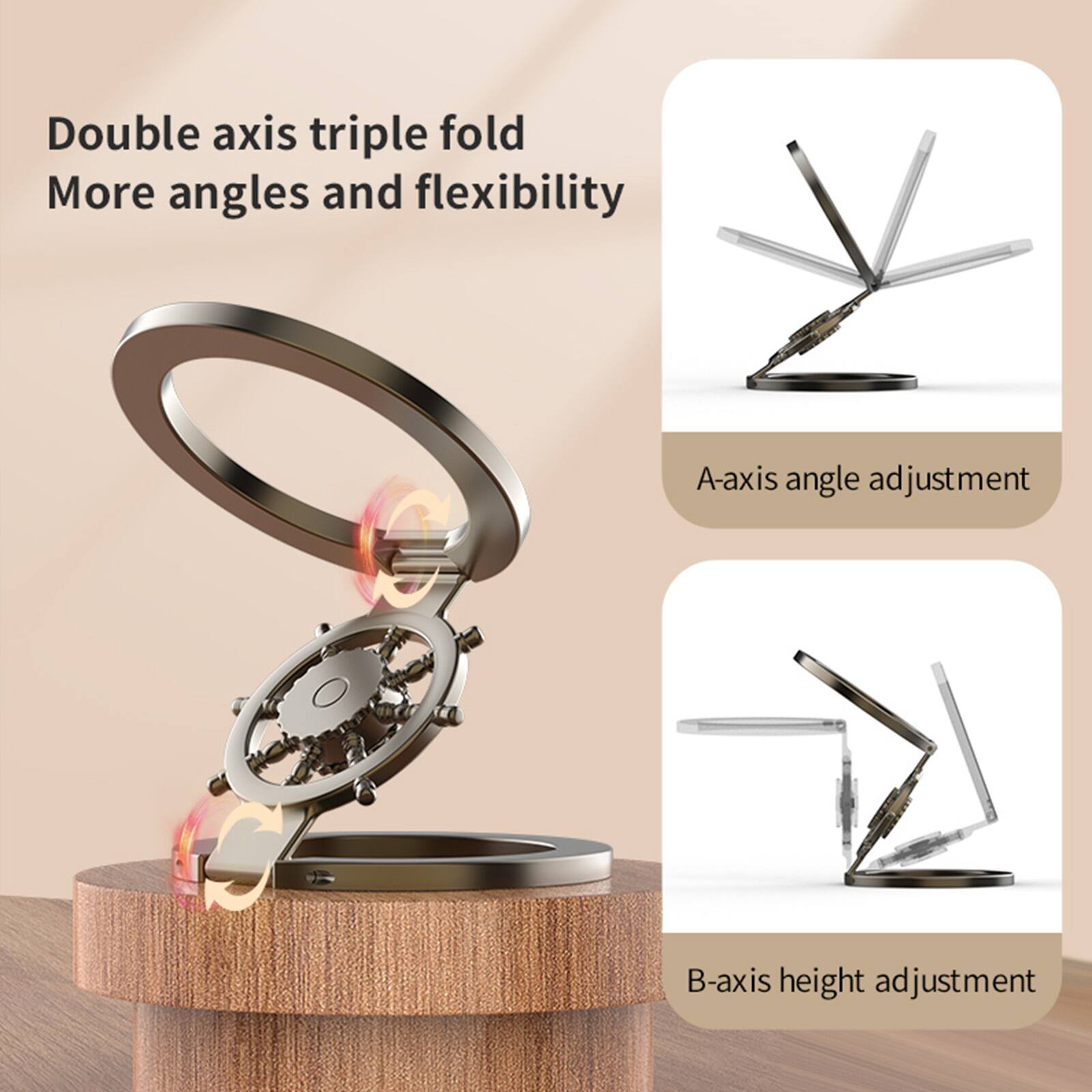 Double axis triple fold  
More angles and flexibility  
A-axis angle adjustment  
B-axis height adjustment