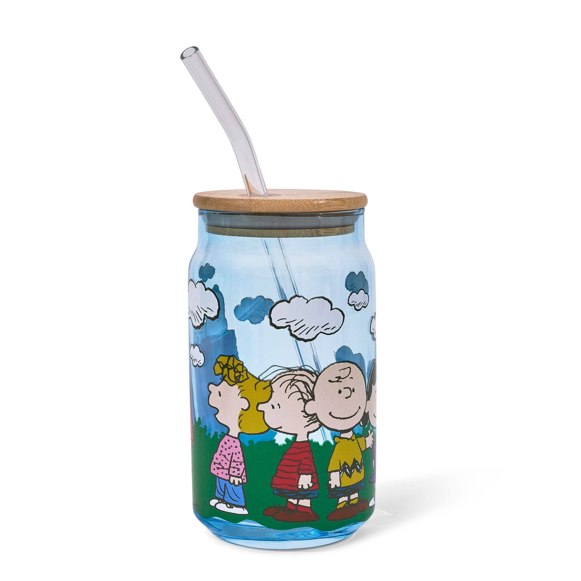 Alt View 1. Silver Buffalo - Peanuts Gang Snoopy and Friends 16-Ounce Glass Tumbler With Bamboo Lid and Glass Straw - Blue.
