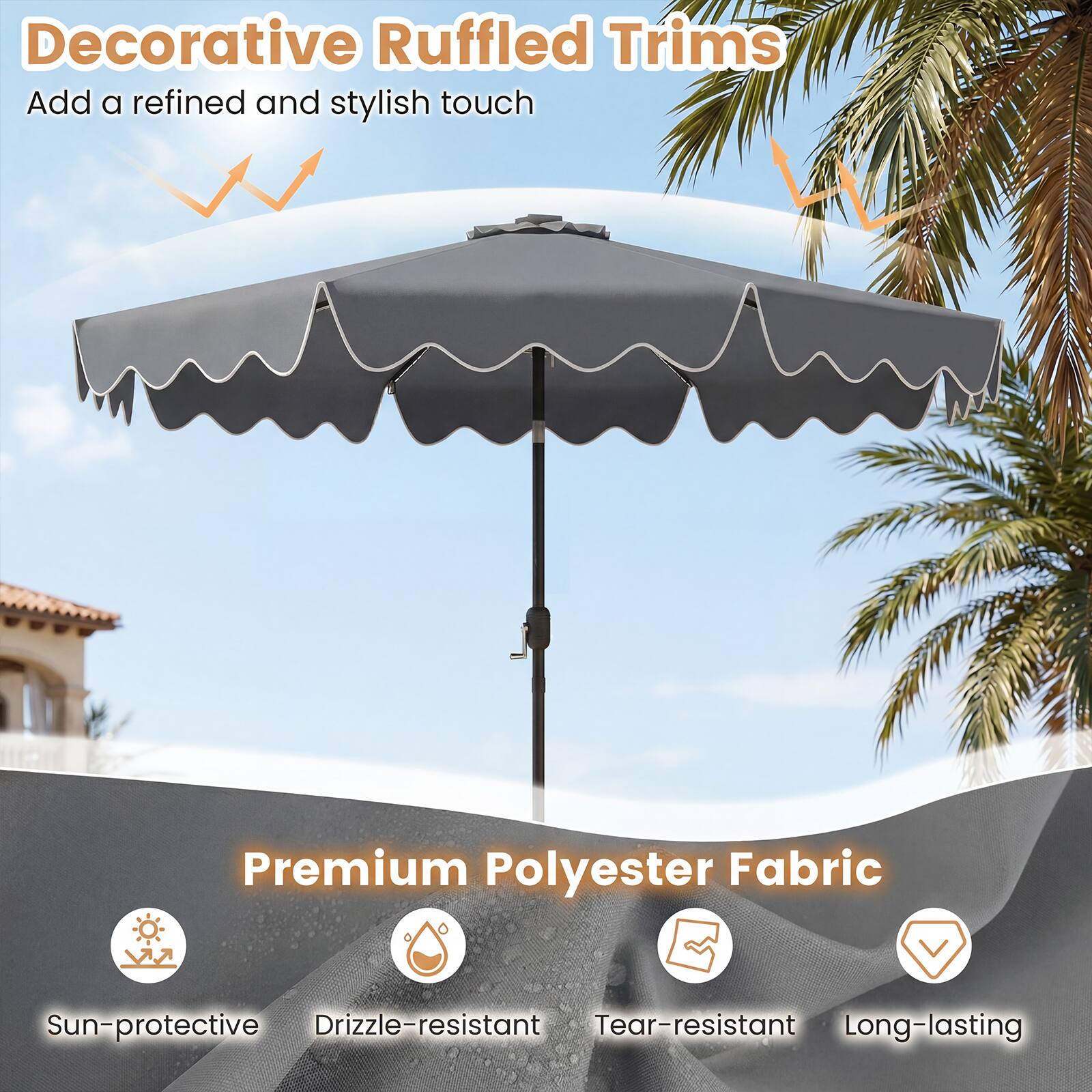 Decorative Ruffled Trims Add a refined and stylish touch

Premium Polyester Fabric
- Sun-protective
- Drizzle-resistant
- Tear-resistant
- Long-lasting