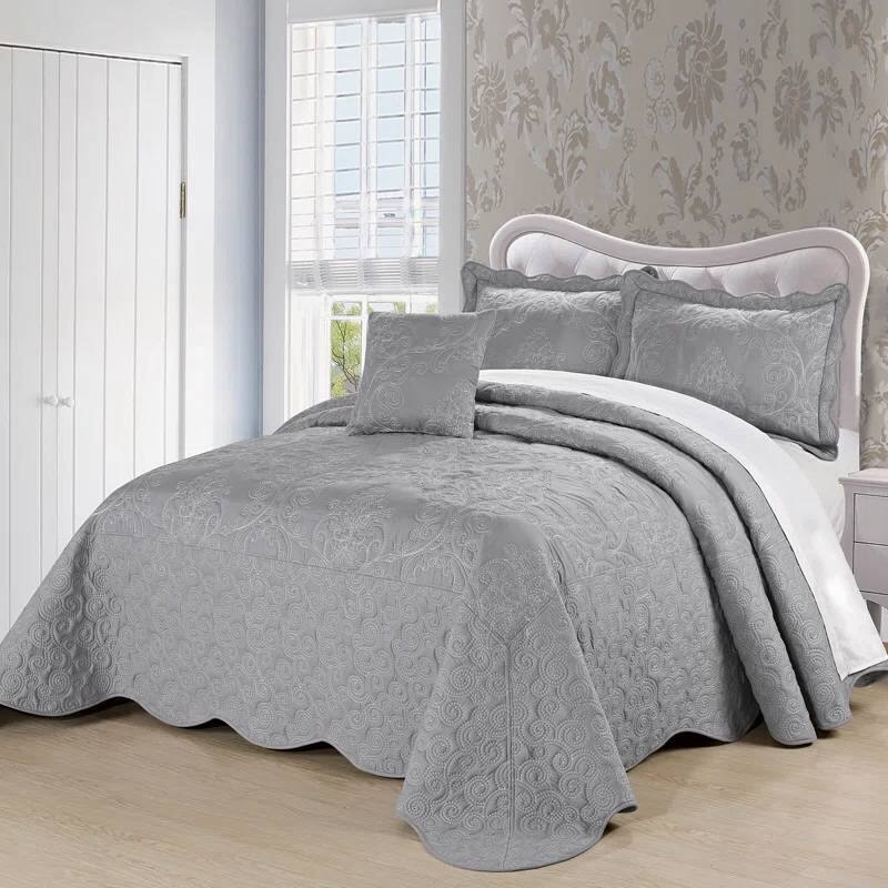 Front. SlickBlue - Damask Embroidered 4-Piece Oversized Bedspread Set with Pillow Shams - Grey.
