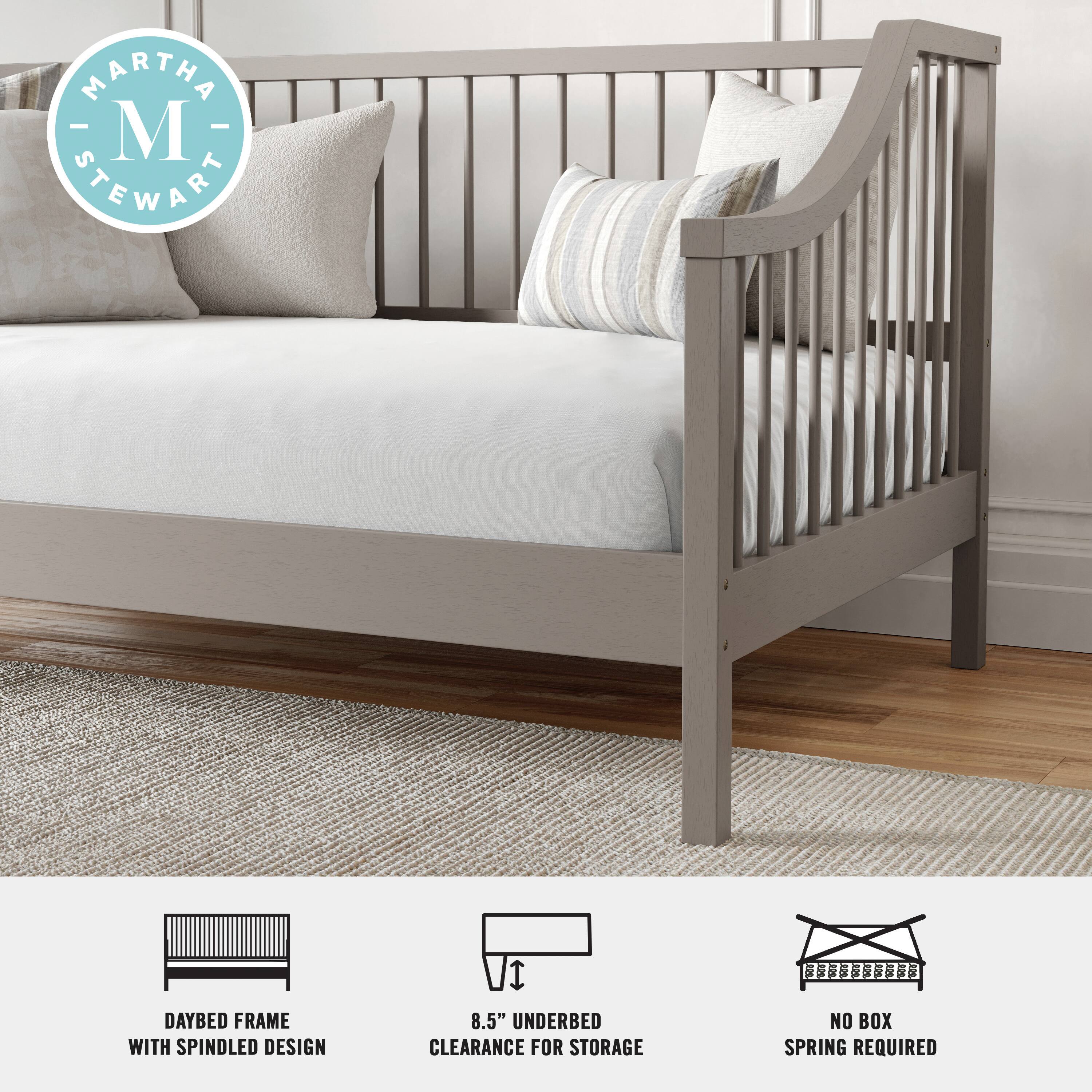 Martha Stewart daybed frame with spindled design, 8.5" underbed clearance for storage, no box spring required.