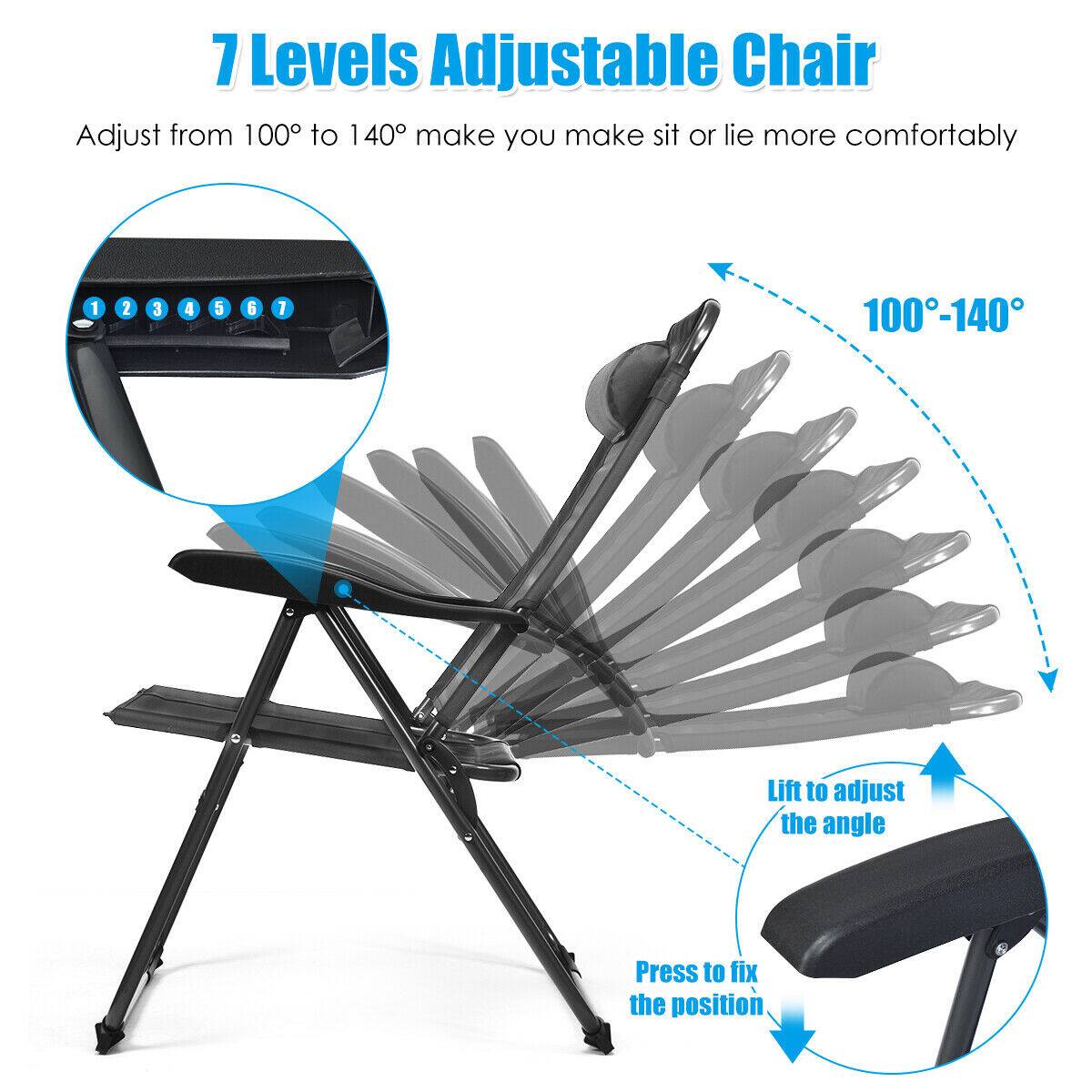 7 Levels Adjustable Chair
Adjust from 100 to 140 make you make sit or lie more comfortably
1 2 3 4 5 6 7
1 100-140
Lift to adjust the angle
Press to fix the position