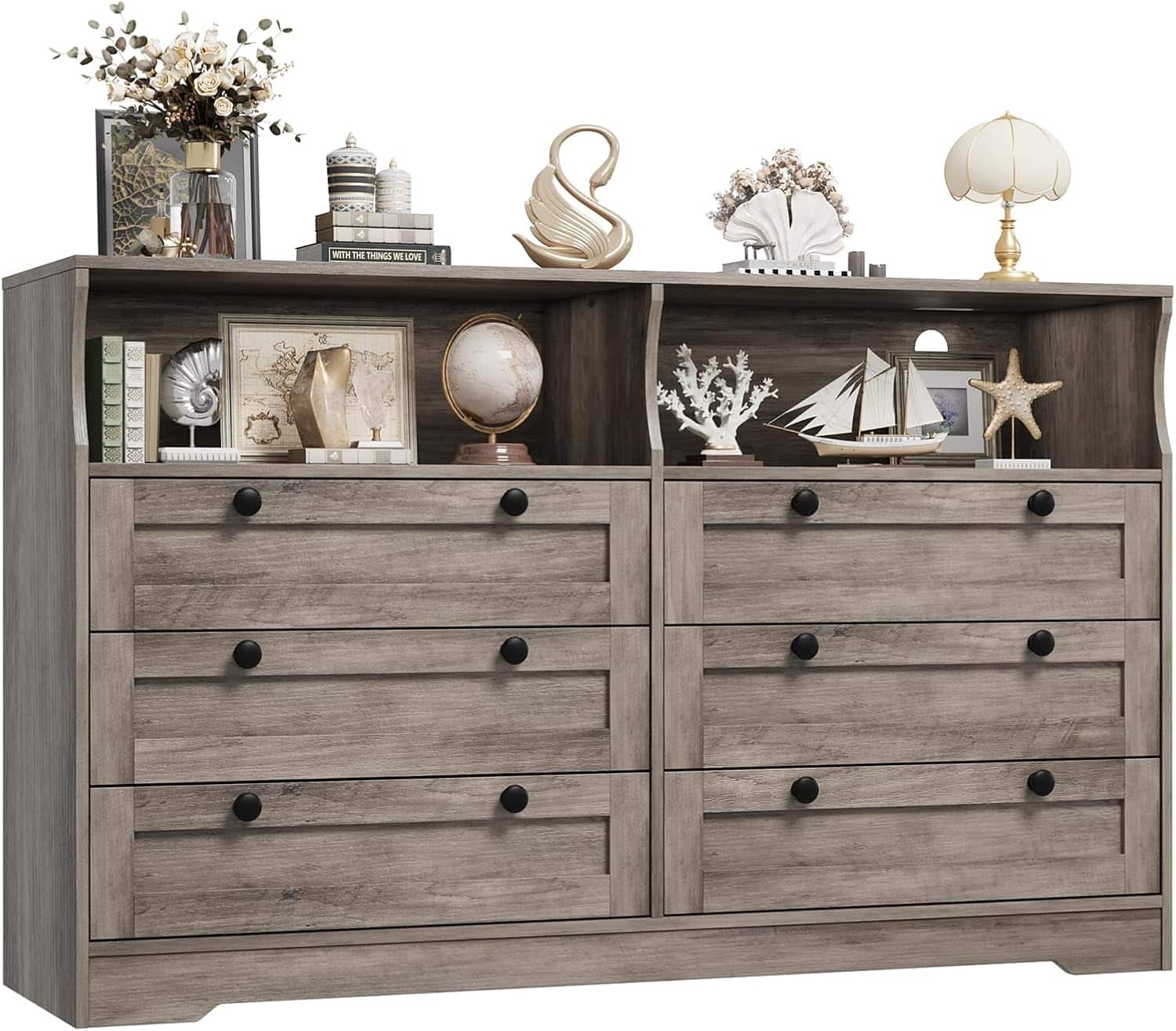 GARVEE - 55" Grey 6-Drawer Wood Dresser, Modern Storage Organizer for Bedroom, Living Room, Closet & Entryway - Gray