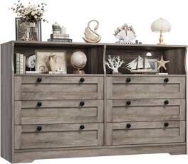GARVEE - 55" Grey 6-Drawer Wood Dresser, Modern Storage Organizer for Bedroom, Living Room, Closet & Entryway - Gray