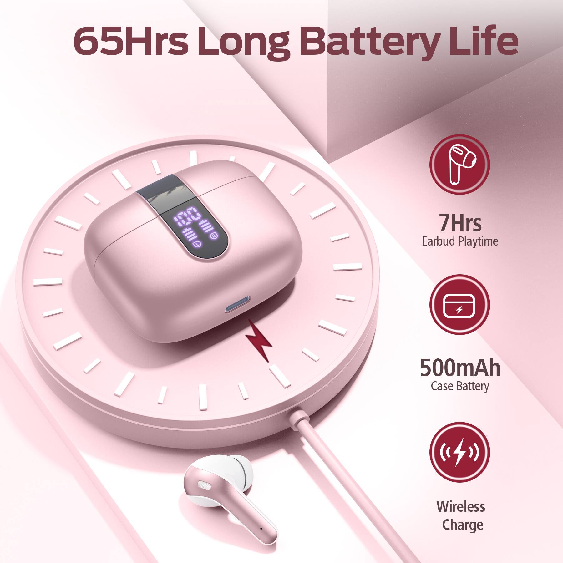 65Hrs Long Battery Life

7Hrs Earbud Playtime

500mAh Case Battery

Wireless Charge