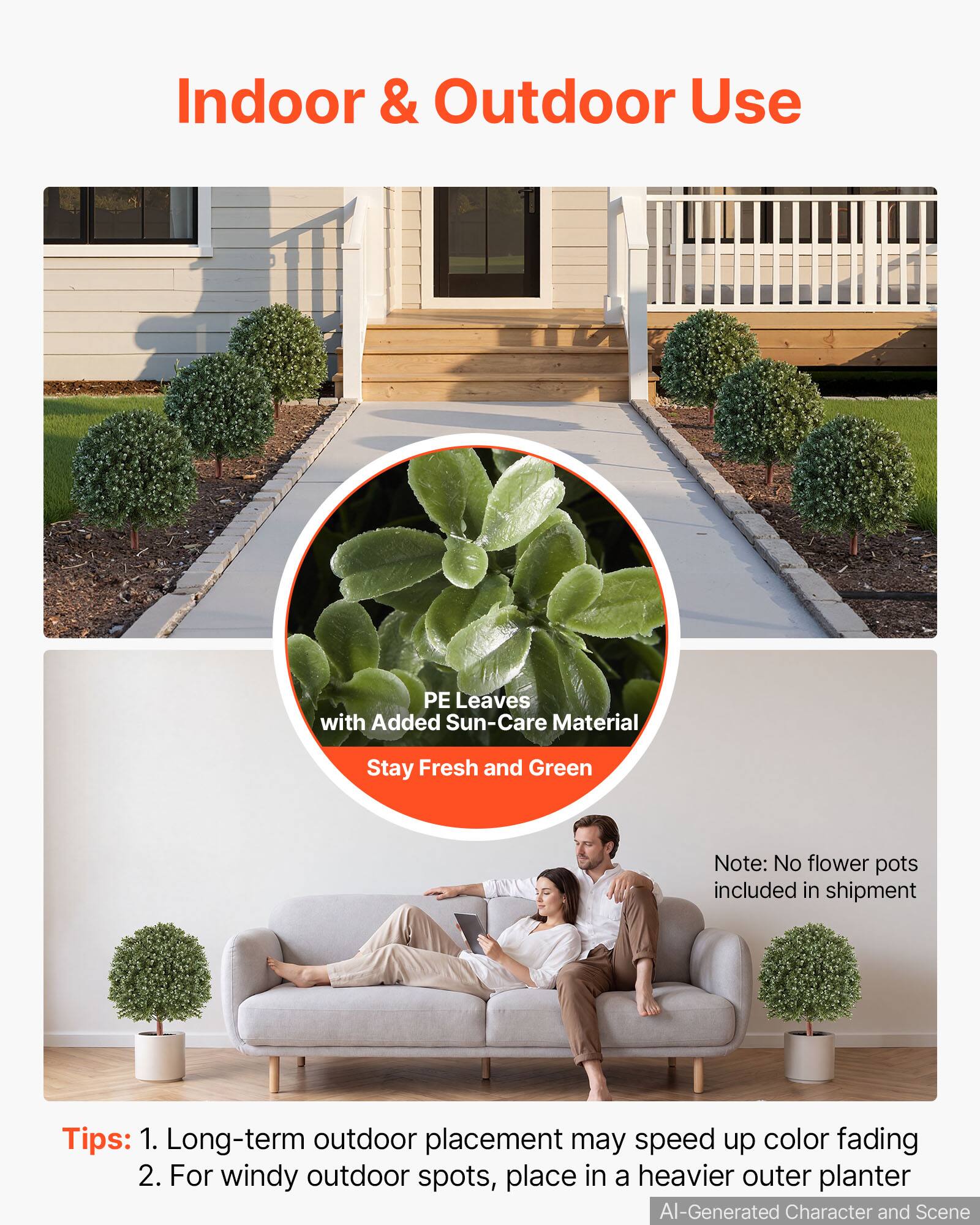 Indoor & Outdoor Use

PE Leaves with Added Sun-Care Material
Stay Fresh and Green

Note: No flower pots included in shipment

Tips:
1. Long-term outdoor placement may speed up color fading
2. For windy outdoor spots, place in a heavier outer planter

AI-Generated Character and Scene
