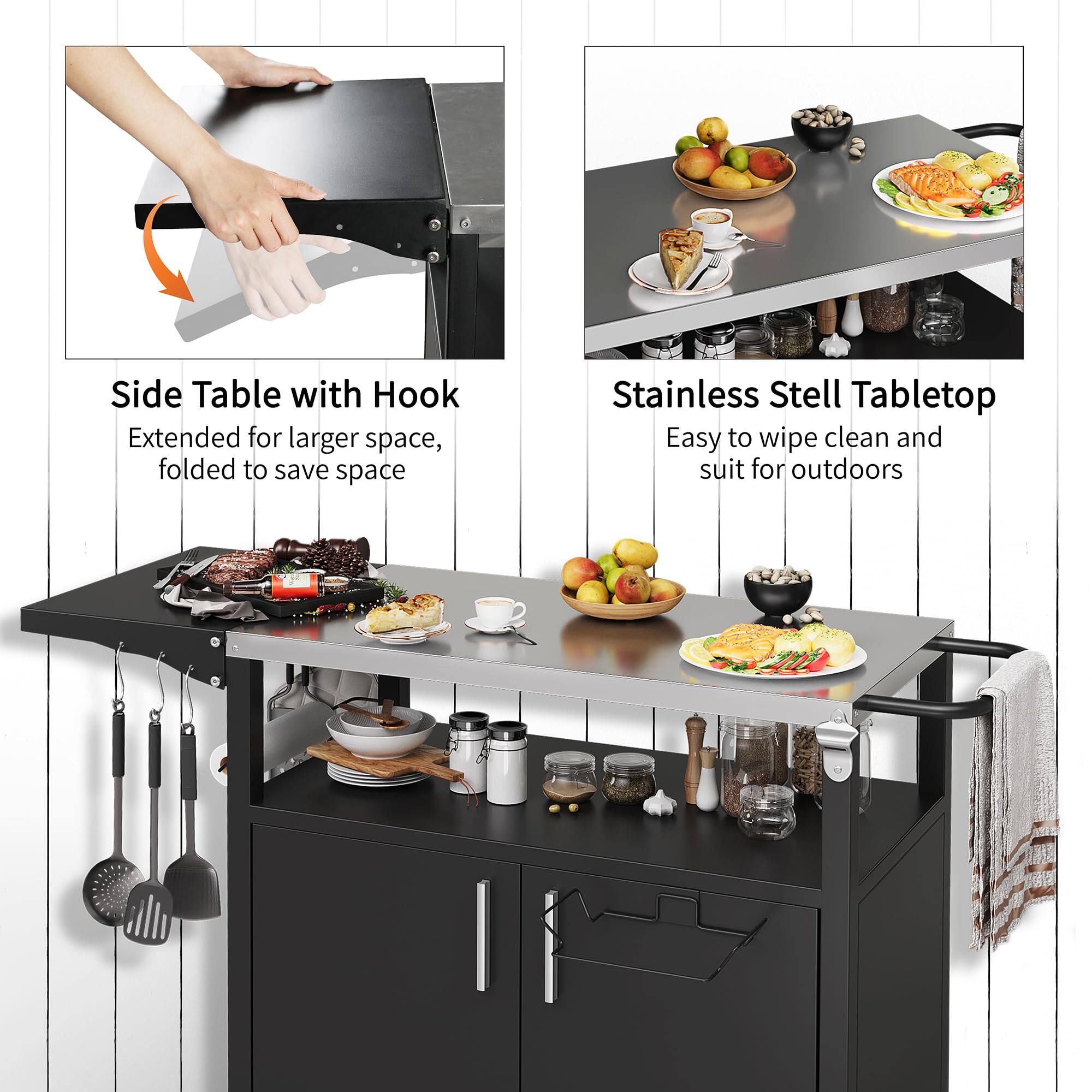 Side Table with Hook  
Extended for larger space, folded to save space  

Stainless Steel Tabletop  
Easy to wipe clean and suit for outdoors