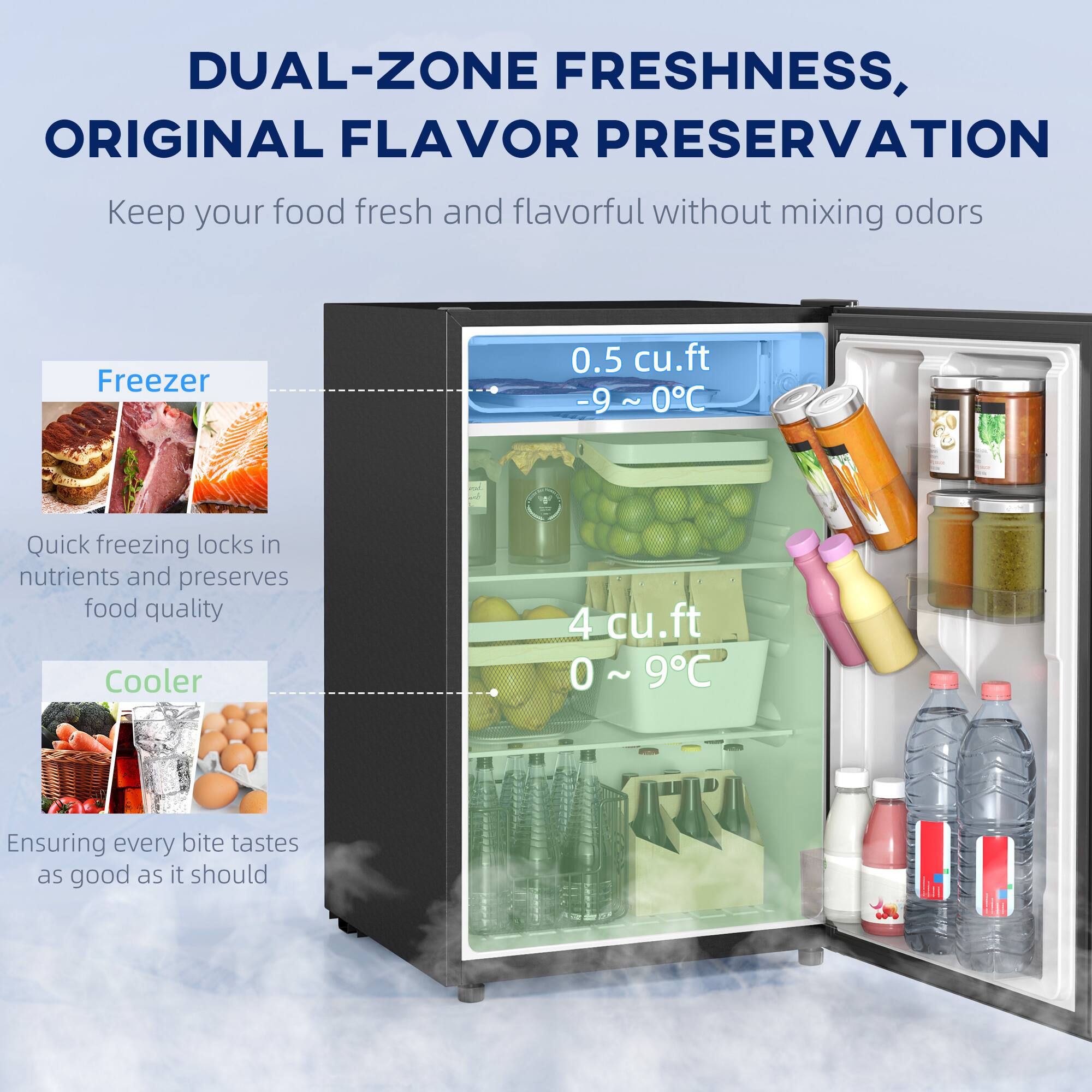 DUAL-ZONE FRESHNESS, ORIGINAL FLAVOR PRESERVATION

Keep your food fresh and flavorful without mixing odors

Freezer 0.5 cu.ft -9 ~ 0C
Quick freezing locks in nutrients and preserves food quality

Cooler 4 cu.ft 0 ~ 9C
Ensuring every bite tastes as good as it should