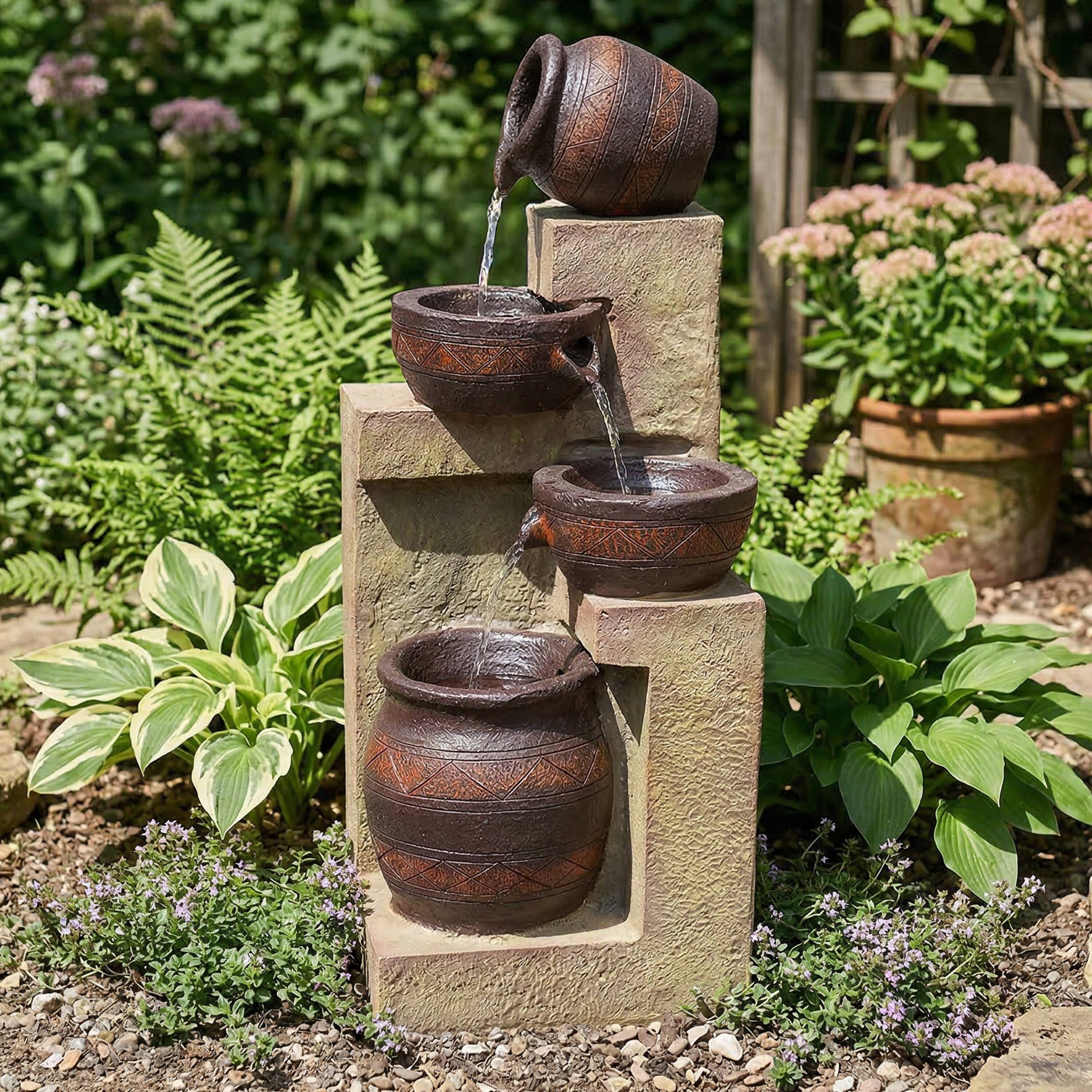 Alt View 7. Sunnydaze - Cascading Terra Bowl Solar Water Fountain with LED Lights - 30 in - Brown.