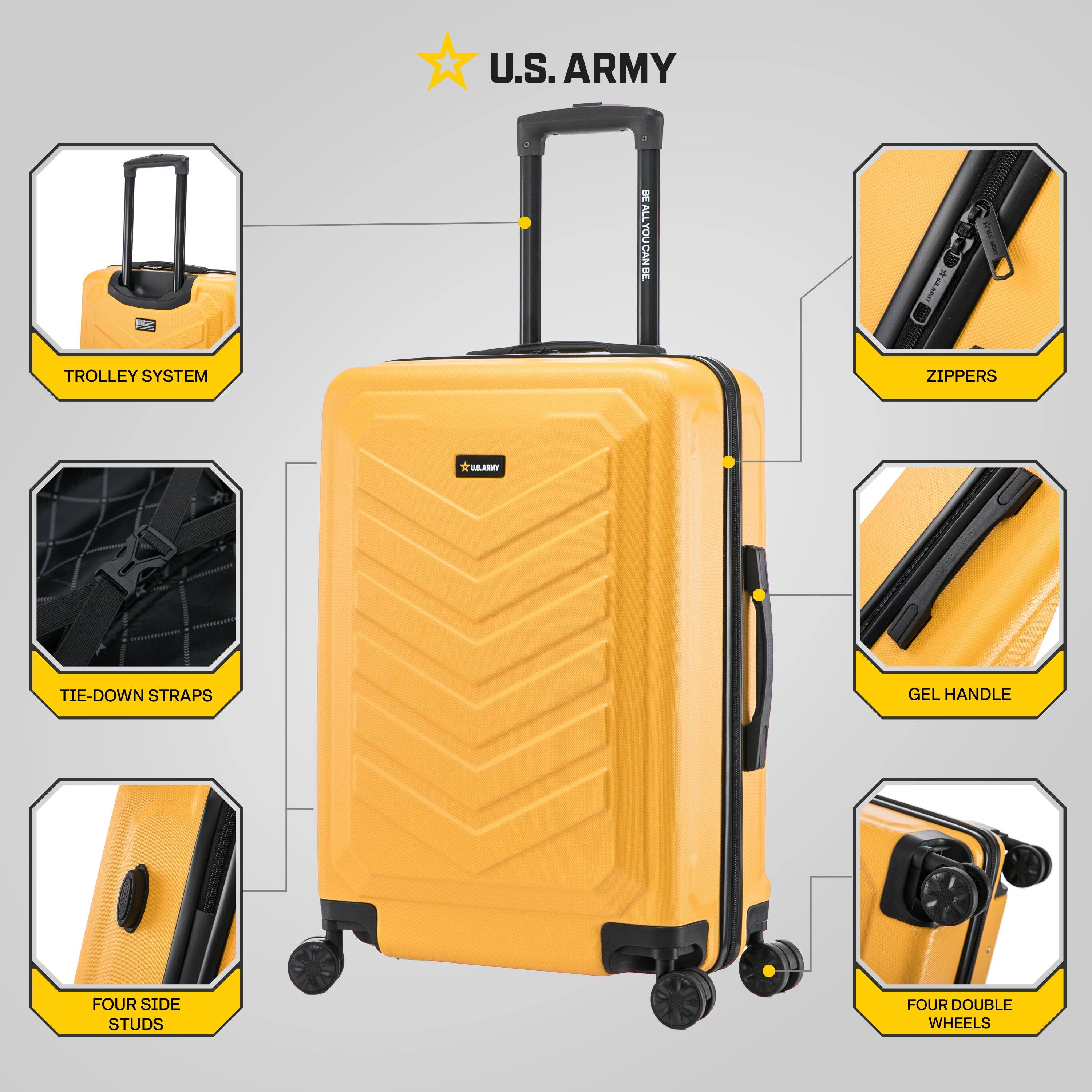 U.S. ARMY

- TROLLEY SYSTEM
- ZIPPER
- TIE-DOWN STRAPS
- GEL HANDLE
- FOUR SIDE STUDS
- FOUR DOUBLE WHEELS