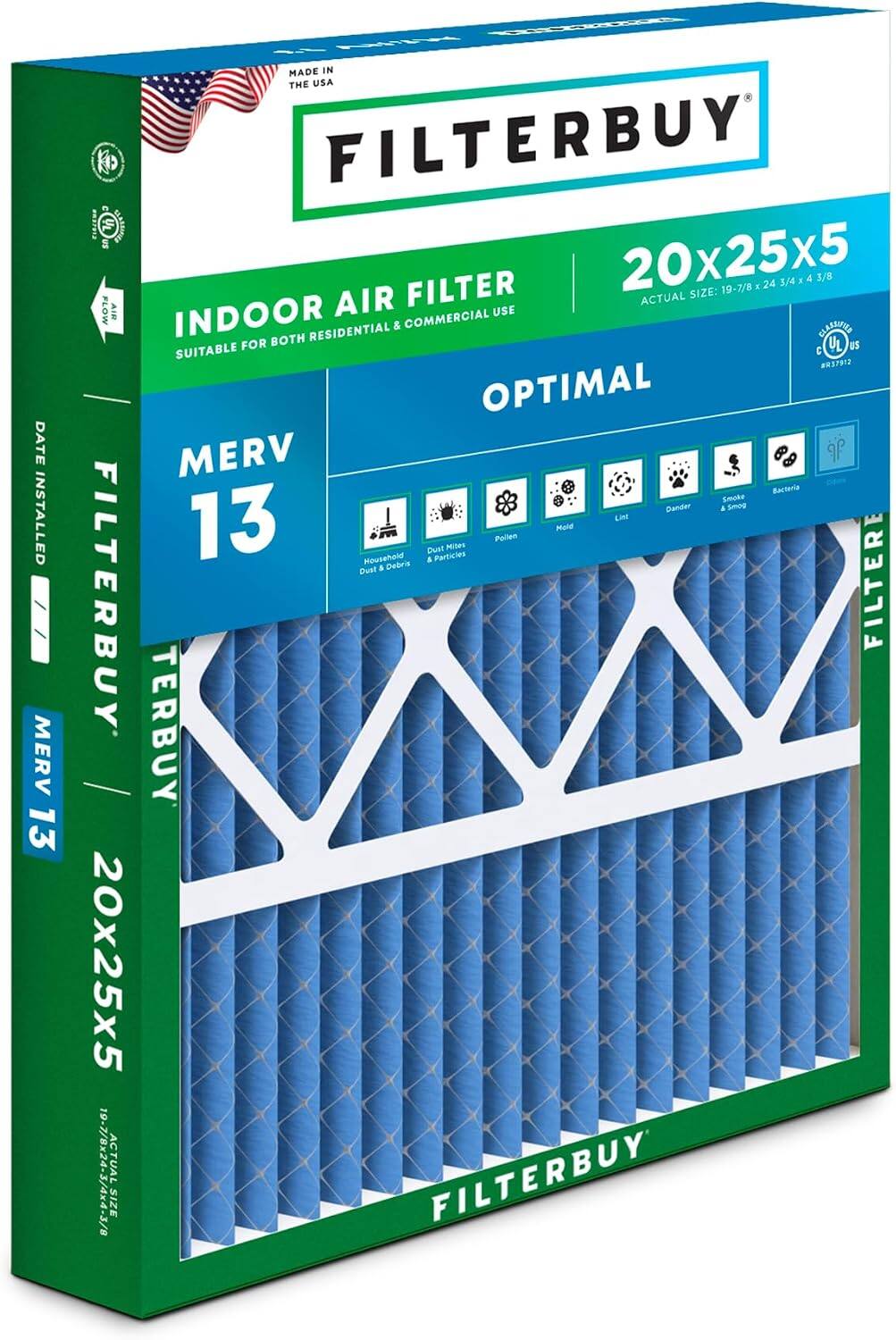 Filterbuy - 20x25x5 MERV 13 Smoke & Allergy Defense, Pleated HVAC AC Furnace Air Filters Replacement for Honeywell & Lennox (1-Pack) - Blue