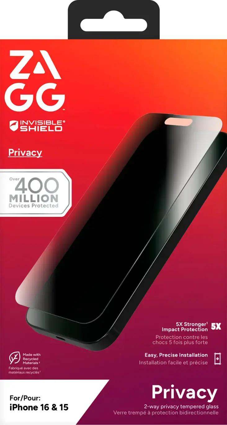 ZAGG - INVISIBLE SHIELD Privacy: Over 400 million devices protected. 5X stronger impact protection. Made with recycled materials+. For/Pour: iPhone 16 & 15. Easy, precise installation. 2-way privacy tempered glass protection.