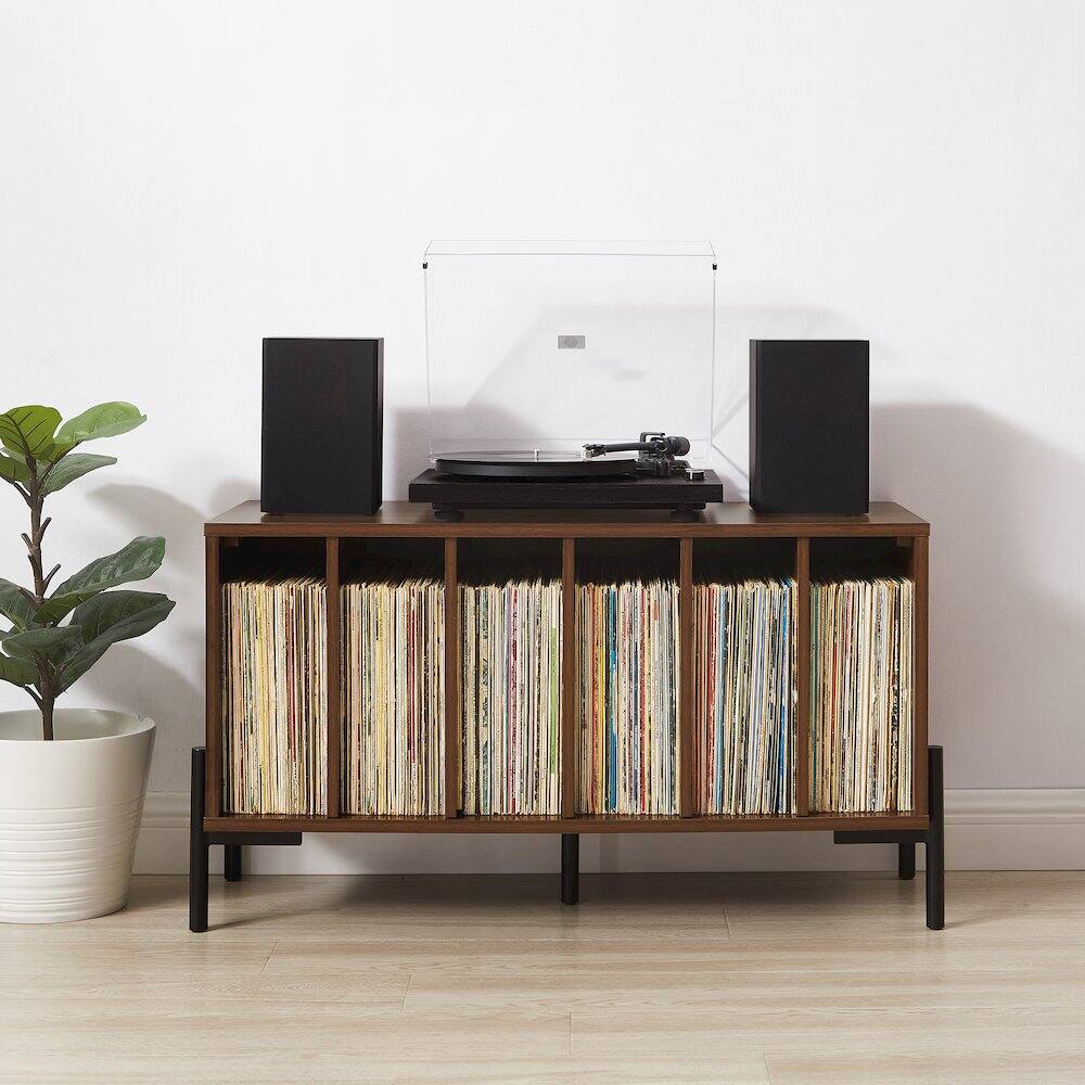 Alt View 8. Crosley Furniture - Greenwich Medium Record Player Stand With Vinyl Storage - Walnut.