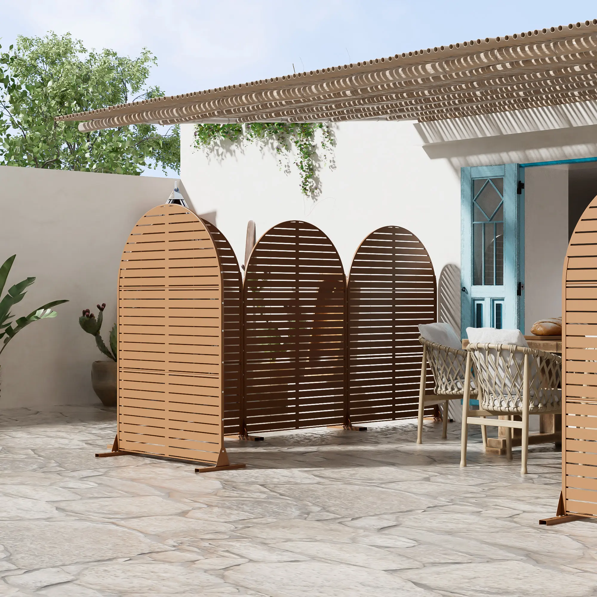 Alt View 2. PexFix - 72 in. x 47 in. Louvered Pattern Arch Metal Outdoor Privacy Screen & Panels, Freestanding Garden Divider Fence - Brown.