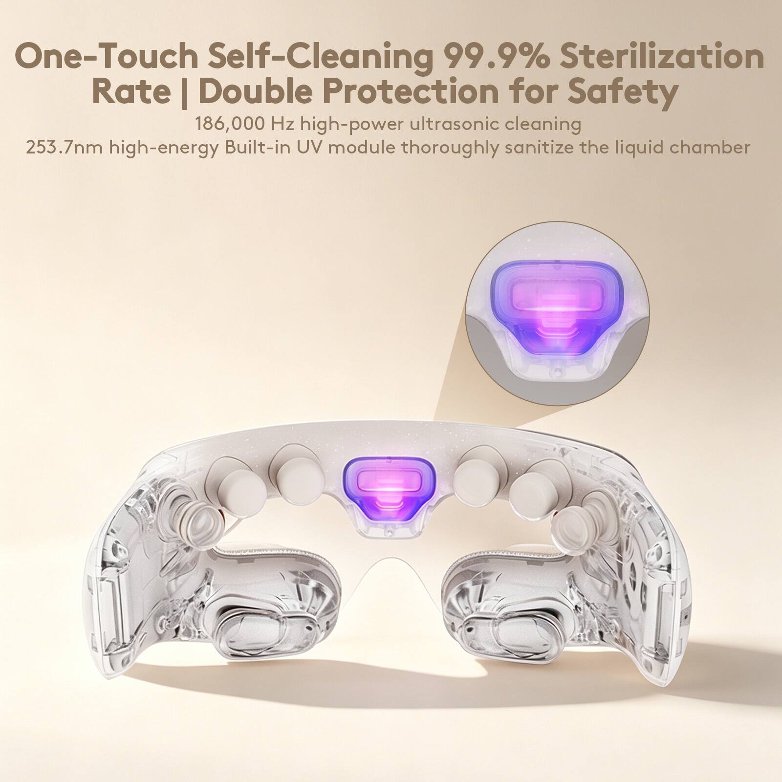 One-Touch Self-Cleaning 99.9% Sterilization Rate | Double Protection for Safety  
186,000 Hz high-power ultrasonic cleaning  
253.7nm high-energy Built-in UV module thoroughly sanitize the liquid chamber