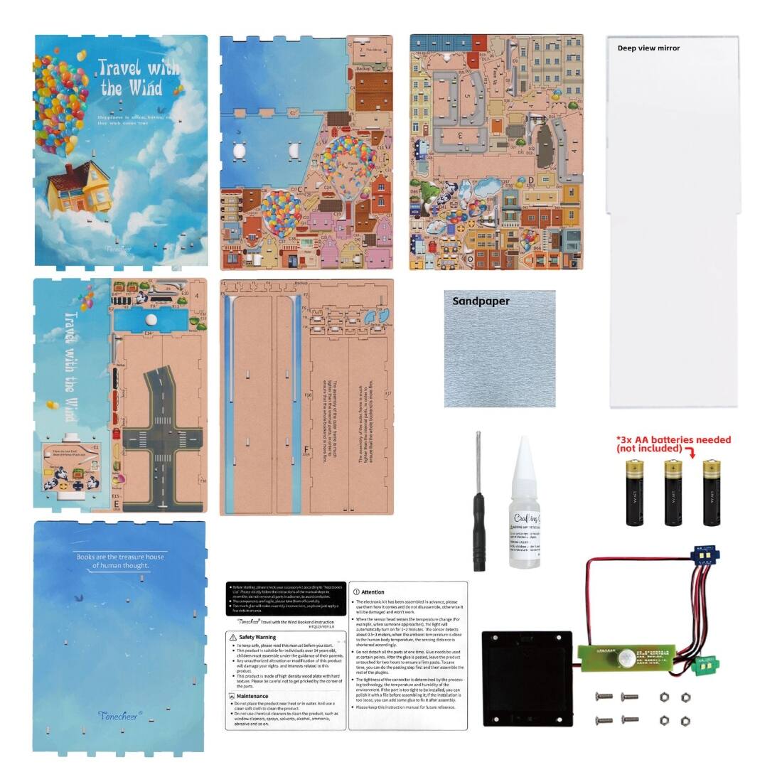 Travel with the Wind  
Deep view mirror  
Sandpaper  
Books are the treasure house of human thought  

*3x AA batteries needed (not included)  

Safety Warning  
Attention:  
The LED light is not a laser, but it is still important to avoid direct exposure to the eyes.  
Do not look directly at the LED light.  
Do not use the product in a dark environment.  
Do not use the product in a moving vehicle.  
Do not use the product in a wet environment.  
Do not use the product in a high temperature environment.  
Do not use the product in a low temperature environment.  
Do not use the product in a dusty environment.  
Do not use the product in a humid environment.  
Do not use the product in a high altitude environment.  
Do not use the product in a high voltage environment.  
Do not use the product in a high frequency environment.  
Do not use the product in a high magnetic field environment.  
Do not use the product in a high radiation environment.  
Do not use the product in a high pressure environment.  
Do not use the product in a high vacuum environment.  
Do not use the product in a high speed environment.  
Do not use the product in a high acceleration environment