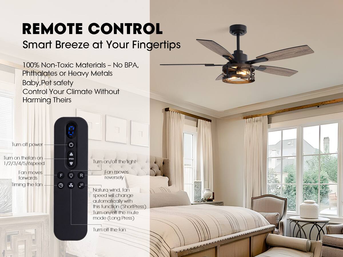 REMOTE CONTROL  
Smart Breeze at Your Fingertips

100% Non-Toxic Materials – No BPA, Phthalates or Heavy Metals  
Baby, Pet safety  
Control Your Climate Without Harming Theirs

- Turn off power
- Turn on the fan on 1/2/3/4/5/6 speed
- Fan moves forwards
- Timing the fan
- Turn on/off the light
- Fan moves reversely
- Natura wind. Fan speed will change automatically with this function (Short Press)
- Turn on/off the mute mode (Long Press)
- Turn off the fan