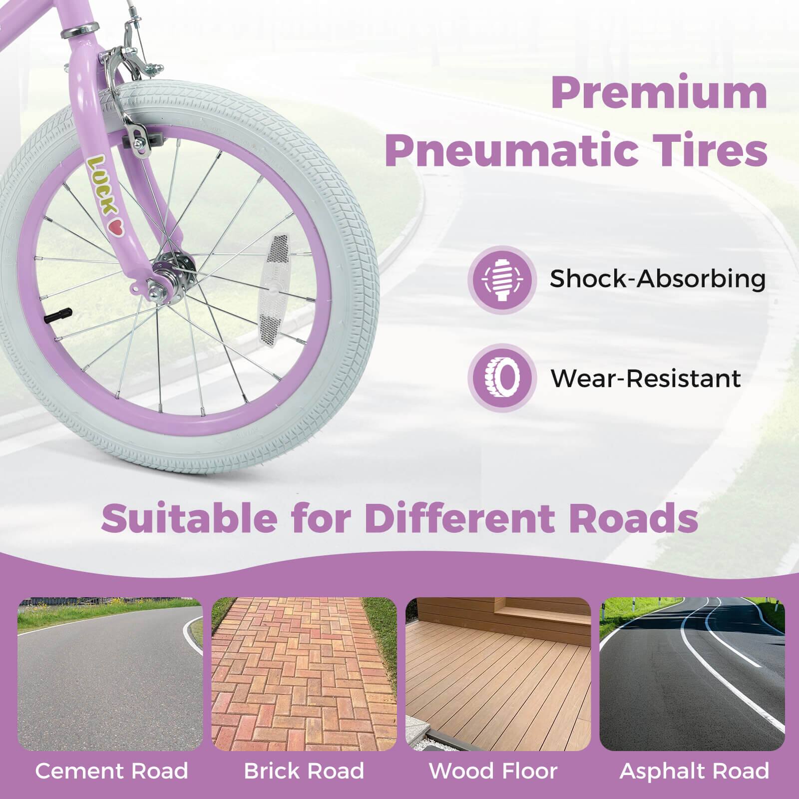 Premium Pneumatic Tires

- Shock-Absorbing
- Wear-Resistant

Suitable for Different Roads

- Cement Road
- Brick Road
- Wood Floor
- Asphalt Road