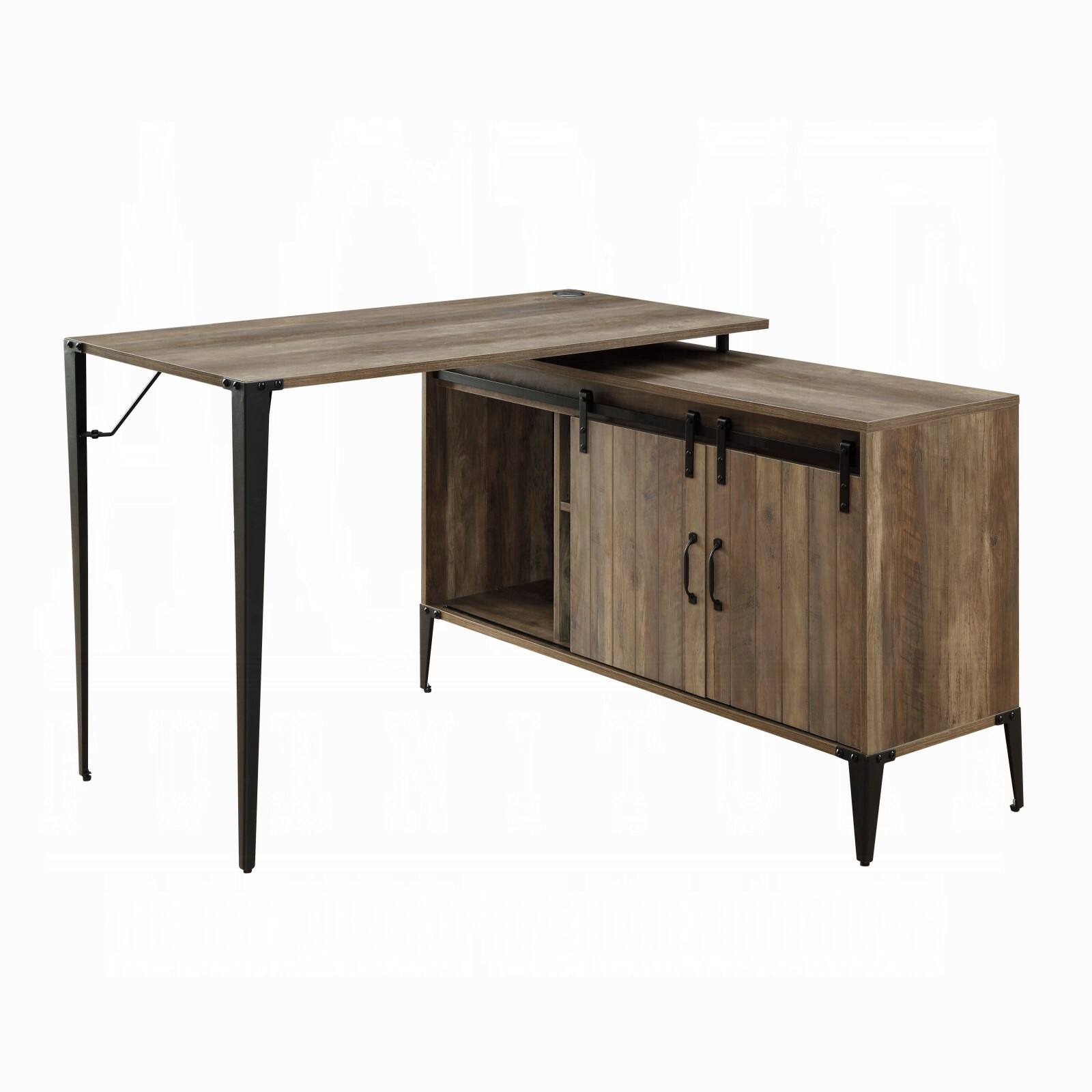 Front. Glintex - 48" Rustic L-Shaped Writing Desk, Sliding Barn Door Storage, Built-In Cord Management, Sturdy Black Metal Legs - Rustic.