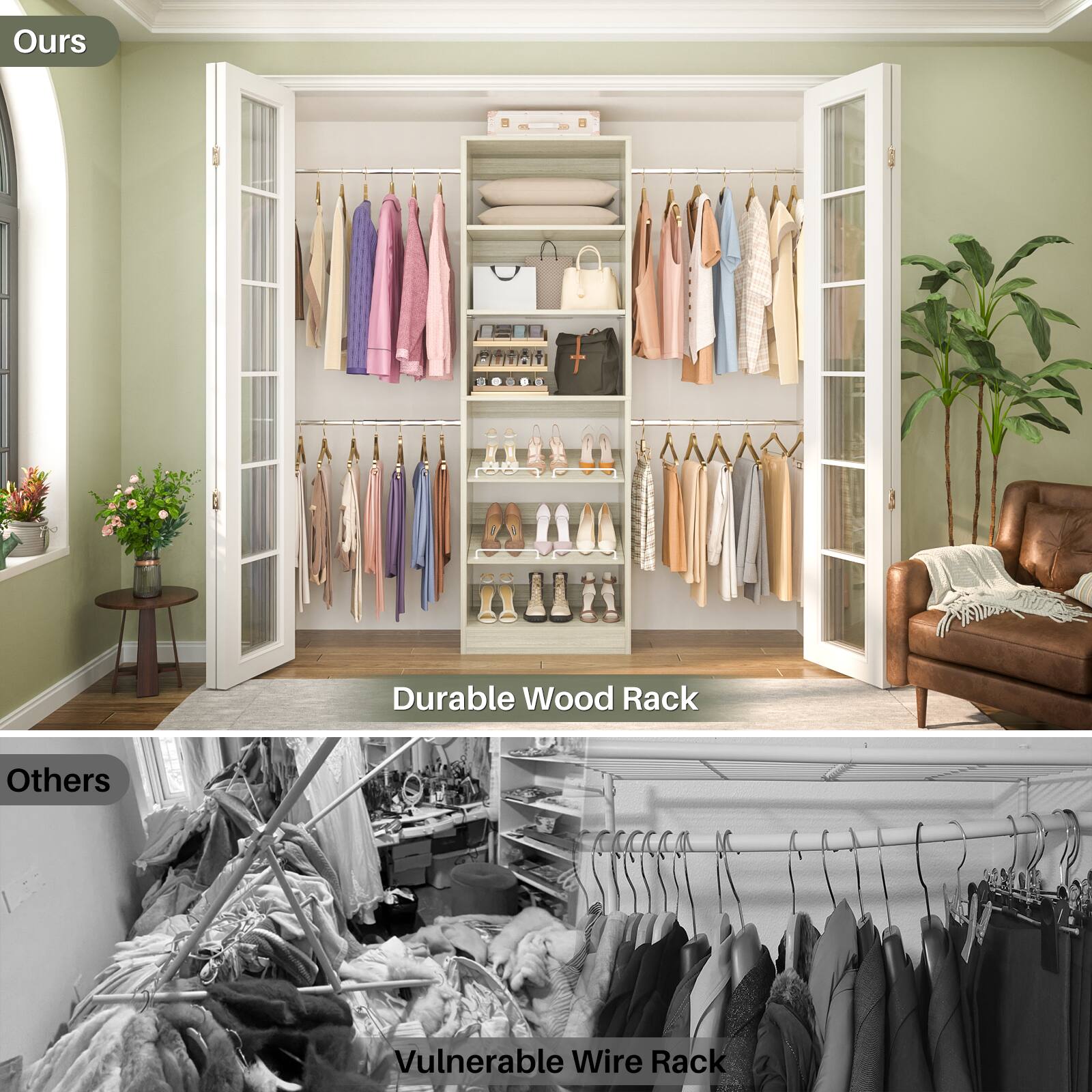 Ours: Durable Wood Rack  
Others: Vulnerable Wire Rack