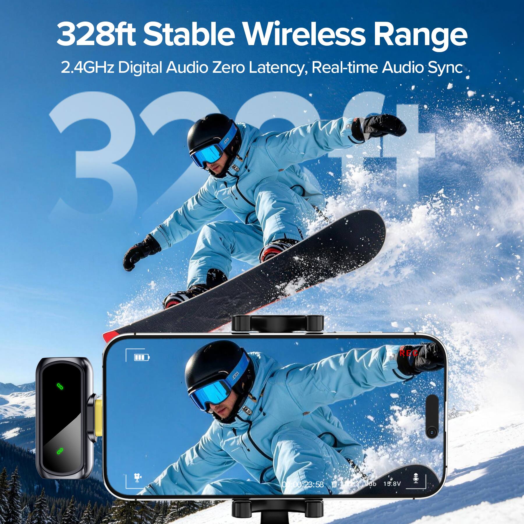 328ft Stable Wireless Range  
2.4GHz Digital Audio Zero Latency, Real-time Audio Sync  
3200  
REC  
00:00:23:58 0-212 SUPER Job 15.8V