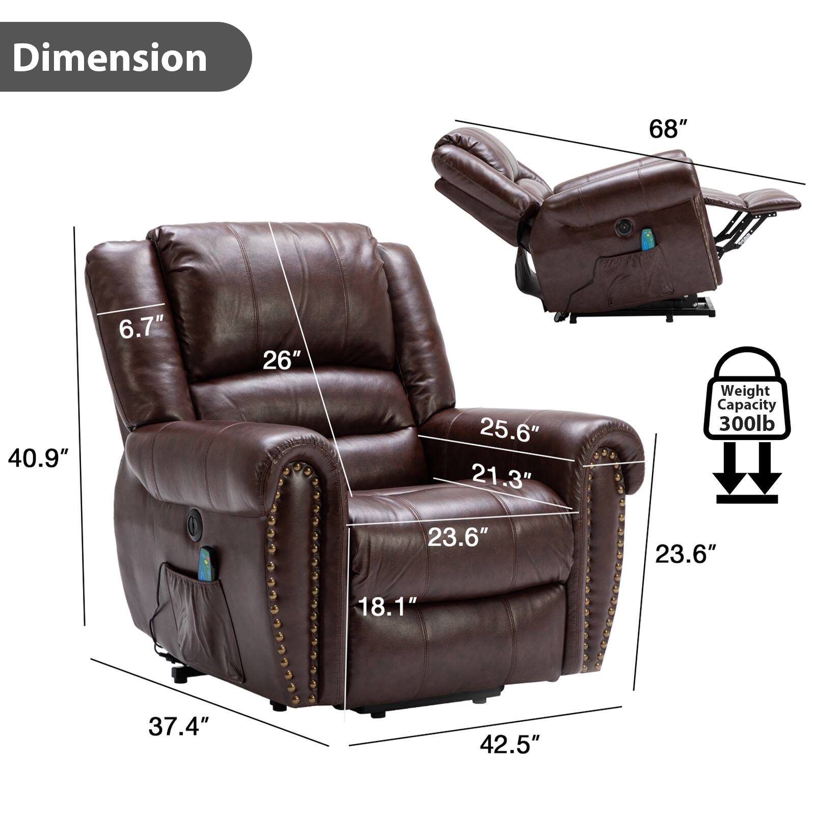 Dimension: 68" x 40.9" x 6.7" x 26" x 25.6" x 21.3"
Weight Capacity: 300 lb

The image shows a leather recliner chair with a weight capacity of 300 pounds. The chair has dimensions of 68" in length, 40.9" in width, 6.7" in height, 26" in seat depth, 25.6" in seat width, and 21.3" in seat height. The chair is designed to provide comfort and support for users, making it an ideal choice for those who want a cozy and stylish seating option.