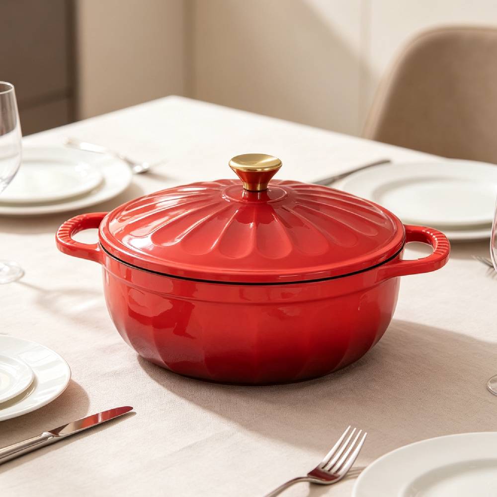 Alt View 4. Winado - 5 QT Enameled Cast Iron Dutch Oven with Gradient Petal Texture,Heat-Resistant Gloves, Pot Mat for Bread Baking, Roasting - Red.
