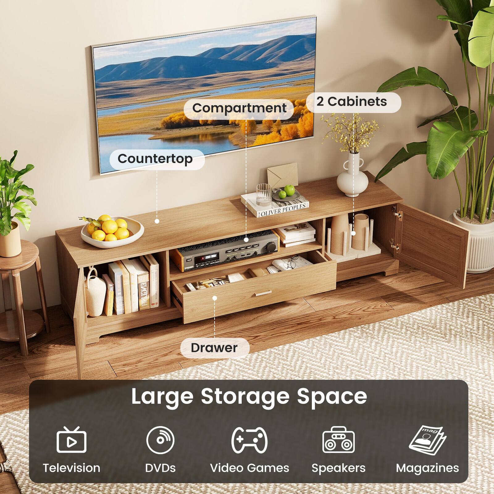 2 Cabinets, Compartment, Countertop, Drawer, Large Storage Space, Television, DVDs, Video Games, Speakers, Magazines