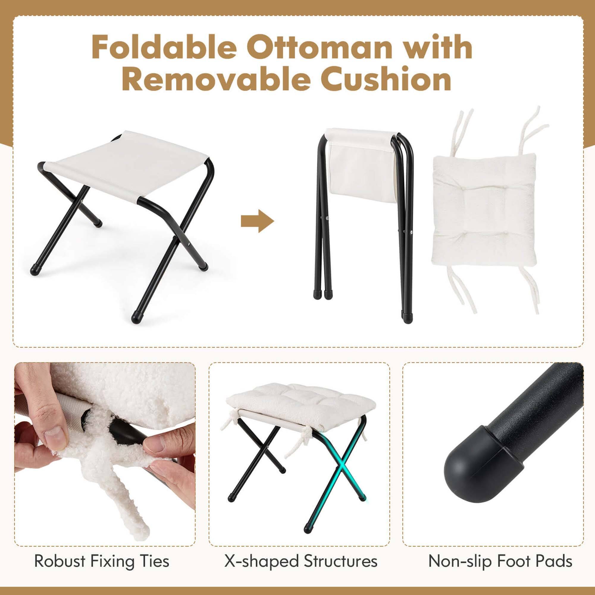 Foldable Ottoman with Removable Cushion Robust Fixing Ties X-shaped Structures Non-slip Foot Pads