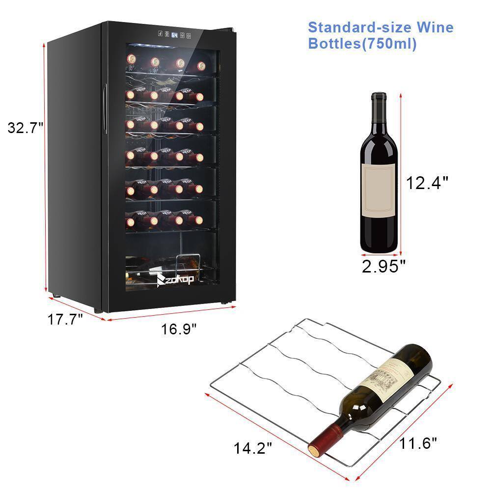 Standard-size Wine Bottles (750ml)

- Height: 12.4"
- Width: 2.95"
- Length: 11.6"

Wine Cooler Dimensions:

- Height: 32.7"
- Width: 17.7"
- Depth: 16.9"