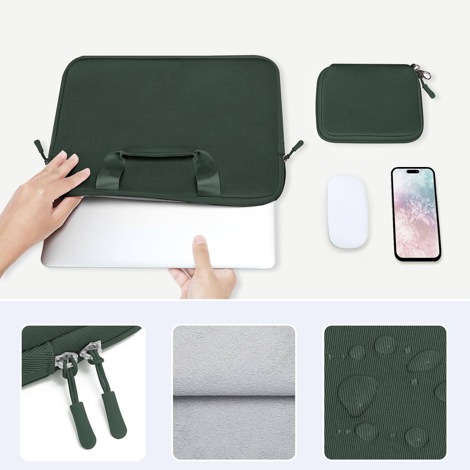 Alt View 1. mosiso - Neoprene Laptop Sleeve 13-13.3 inch, Computer Carrying Case with Handle & Pouch for MacBook Air Pro 13 14 HP Dell ASUS - Emerald Green.