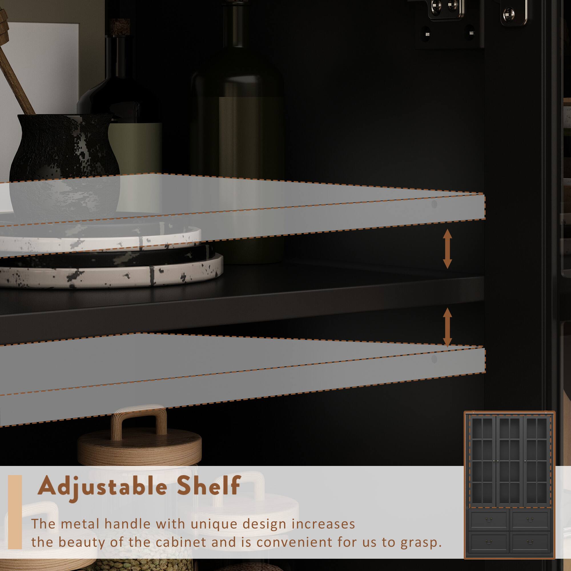 Adjustable Shelf

The metal handle with unique design increases the beauty of the cabinet and is convenient for us to grasp.