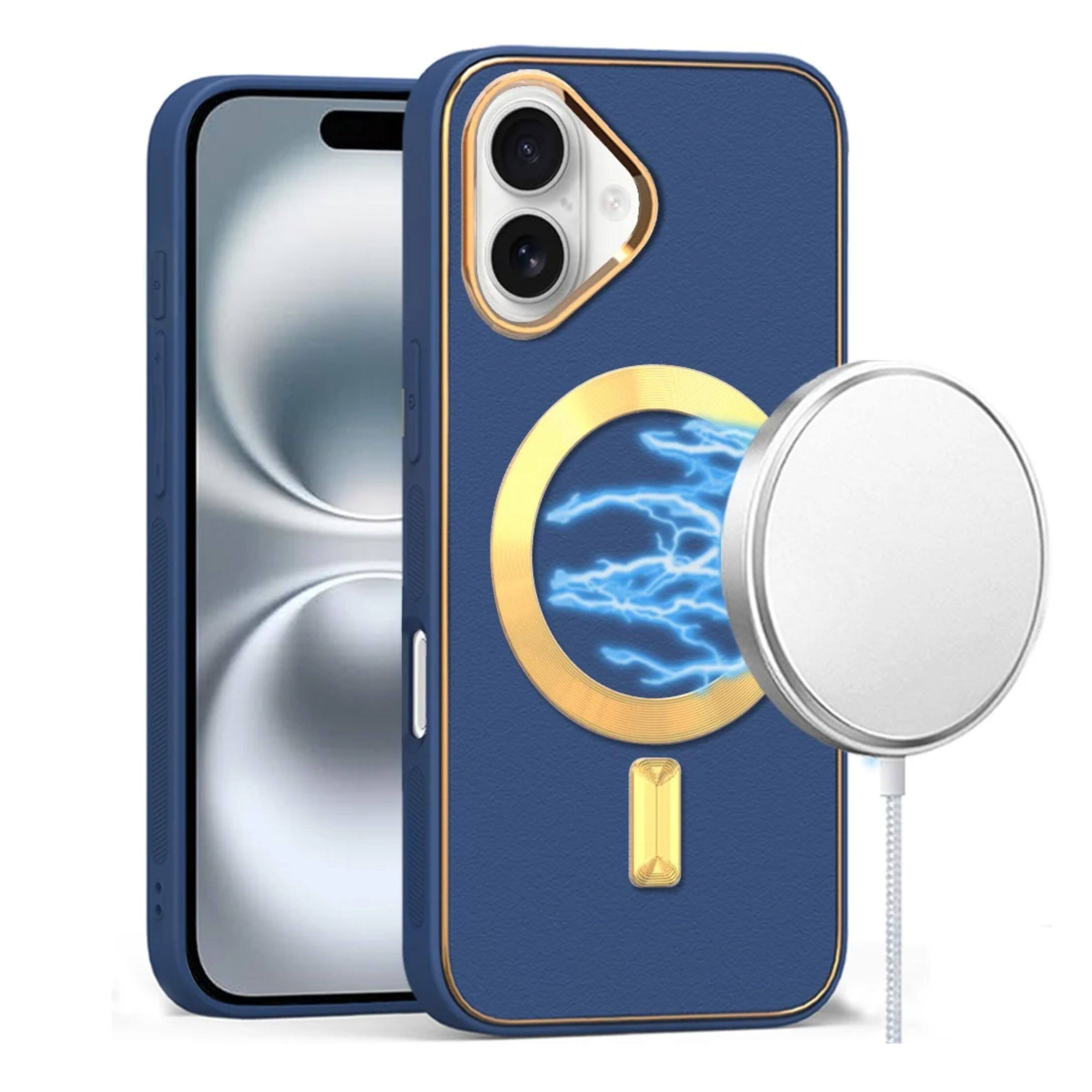 Kitcheniva - Vegan Leather Cover Magnetic Circle Phone Case With Tempered Glass For iPhone 16 - Blue price history on PriceWatchPro