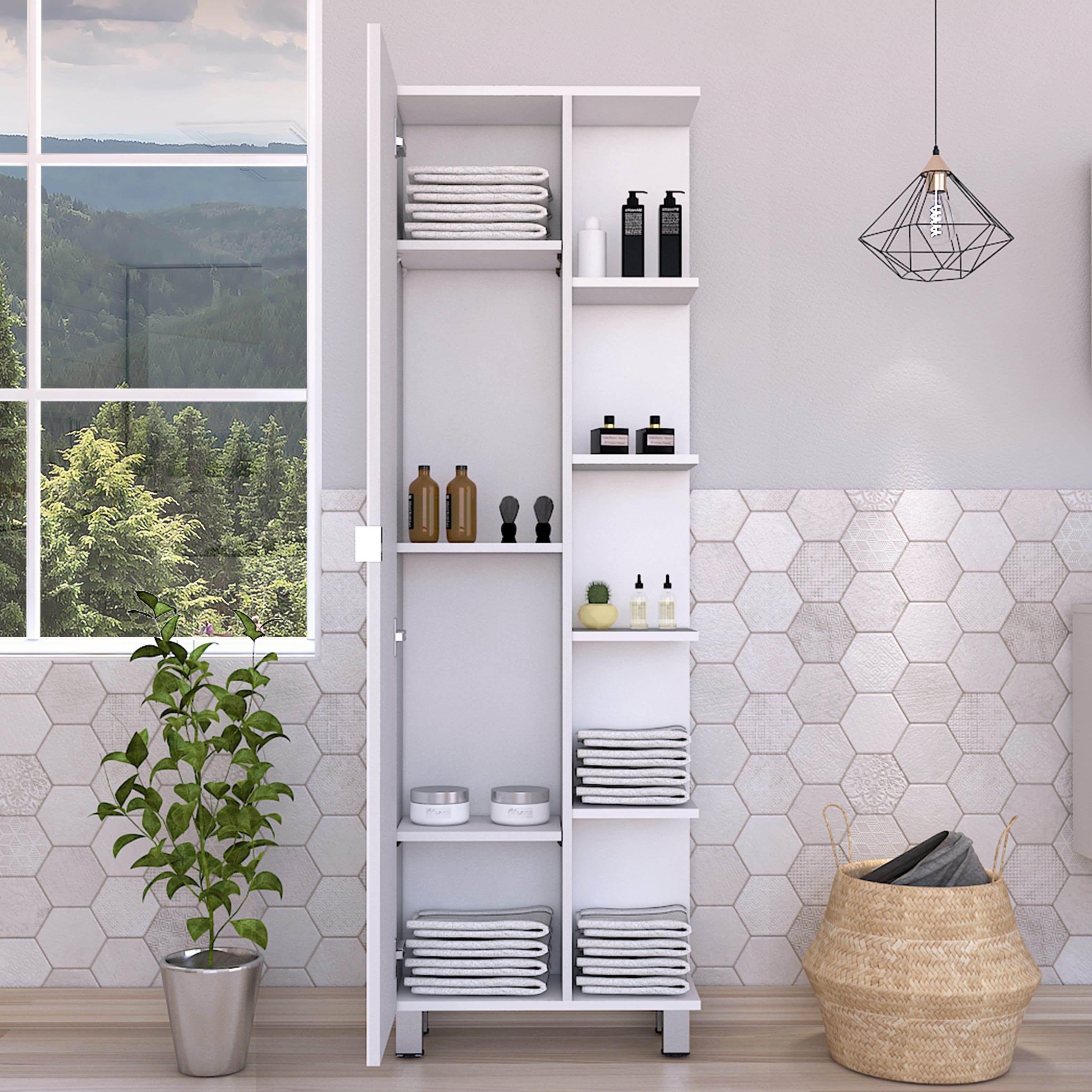 TinyHomie - Corner Cabinet Womppi Five Open Shelves Single Door Finish - White