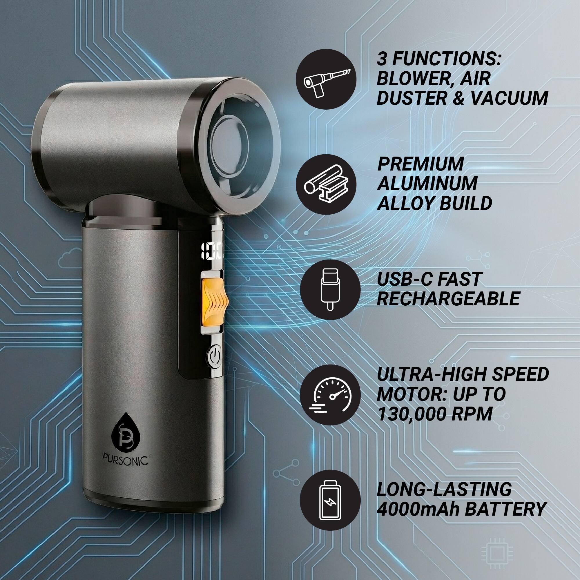 3 FUNCTIONS: BLOWER, AIR DUSTER & VACUUM  
PREMIUM ALUMINUM ALLOY BUILD  
USB-C FAST RECHARGEABLE  
ULTRA-HIGH SPEED MOTOR: UP TO 130,000 RPM  
LONG-LASTING 4000mAh BATTERY