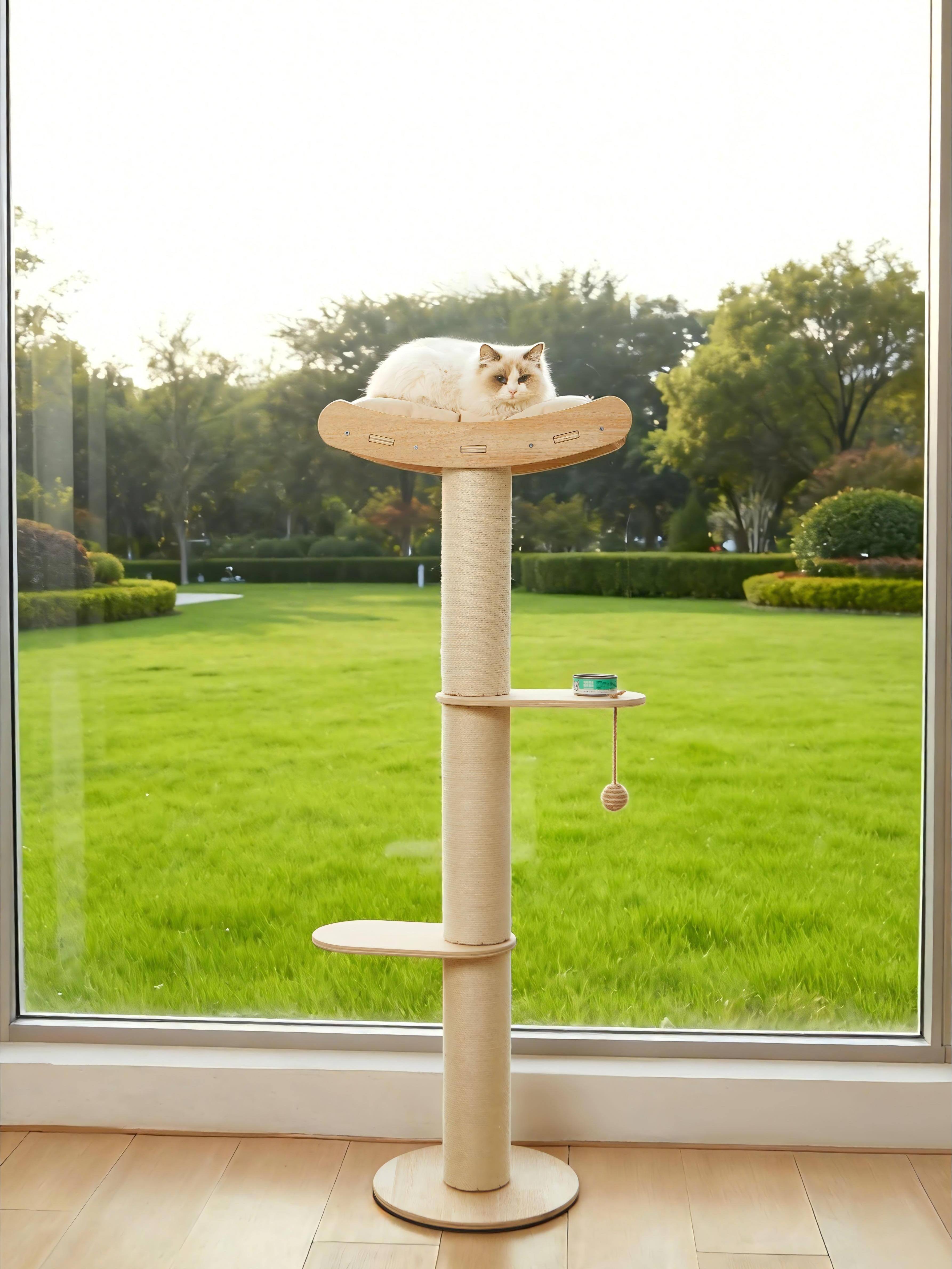 Front. JUJABU - Half Cat Tree Tower– 3-Tier Hemp Scratching Post, Perches & Sturdy Activity Center Suction Cup.