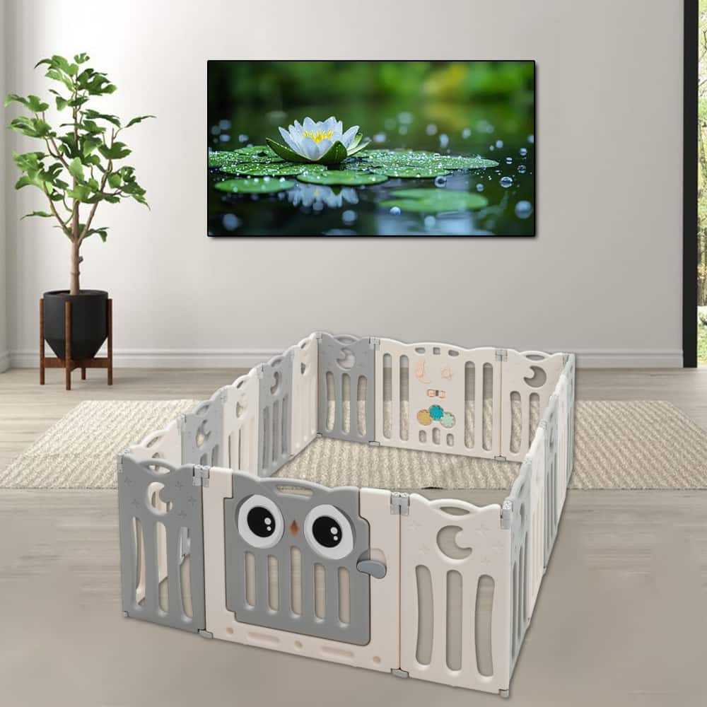 Hivvago - 16-Panel Foldable Baby Playpen Activity Center with Safety Lock Gate - Beige