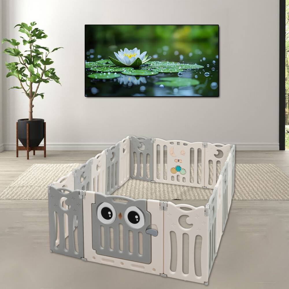 Front. Hivvago - 16-Panel Foldable Baby Playpen Activity Center with Safety Lock Gate - Beige.