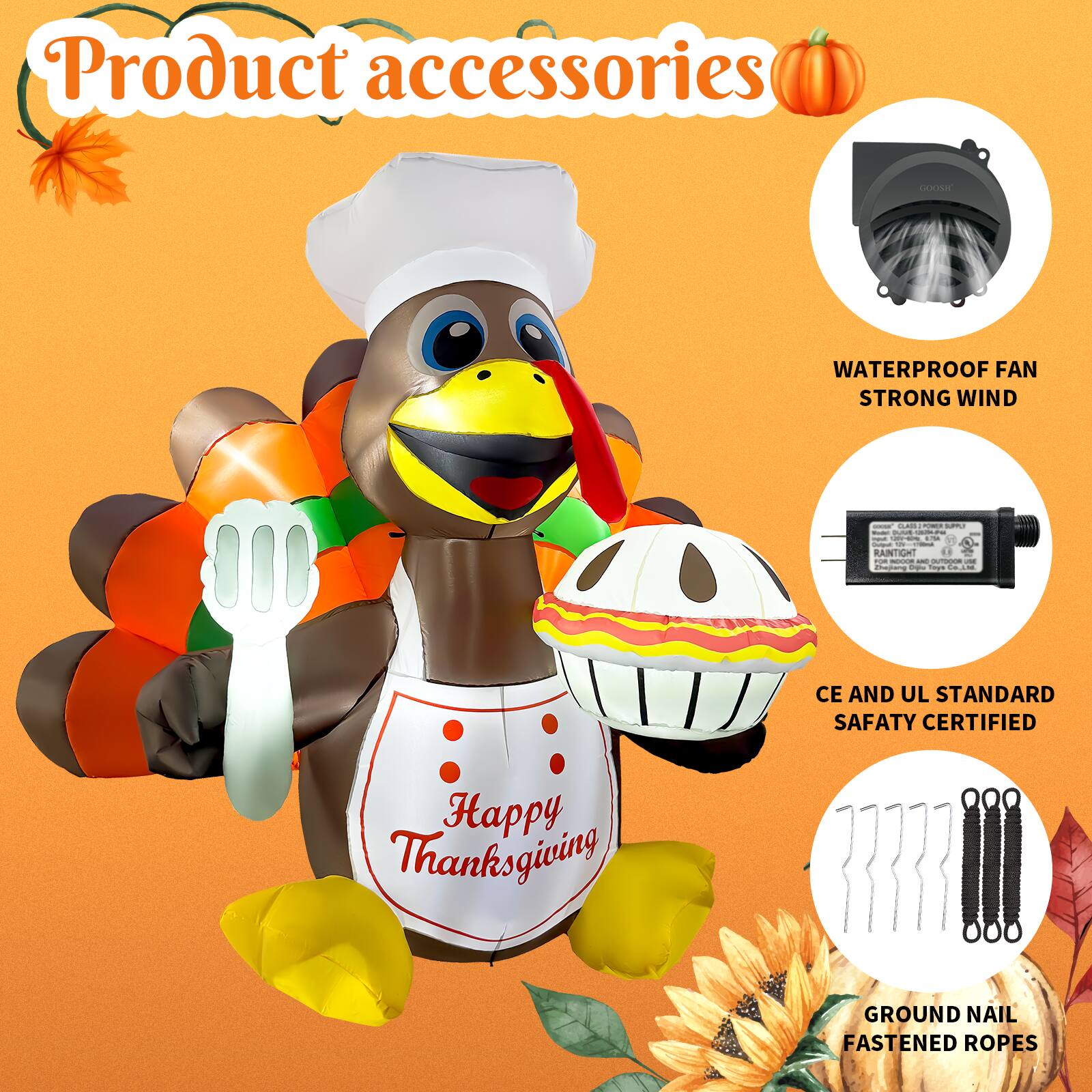 Product accessories

- WATERPROOF FAN STRONG WIND
- RAIN TIGHT
- CE AND UL STANDARD SAFETY CERTIFIED
- GROUND NAIL FASTENED ROPES

Happy Thanksgiving