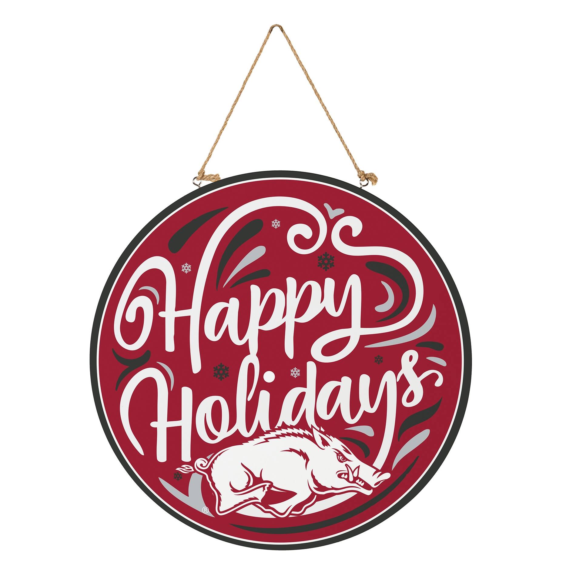 Alt View 2. Evergreen Enterprises - Arkansas Razorbacks 18" Happy Holidays Wooden Round Door Sign - Multicolor.