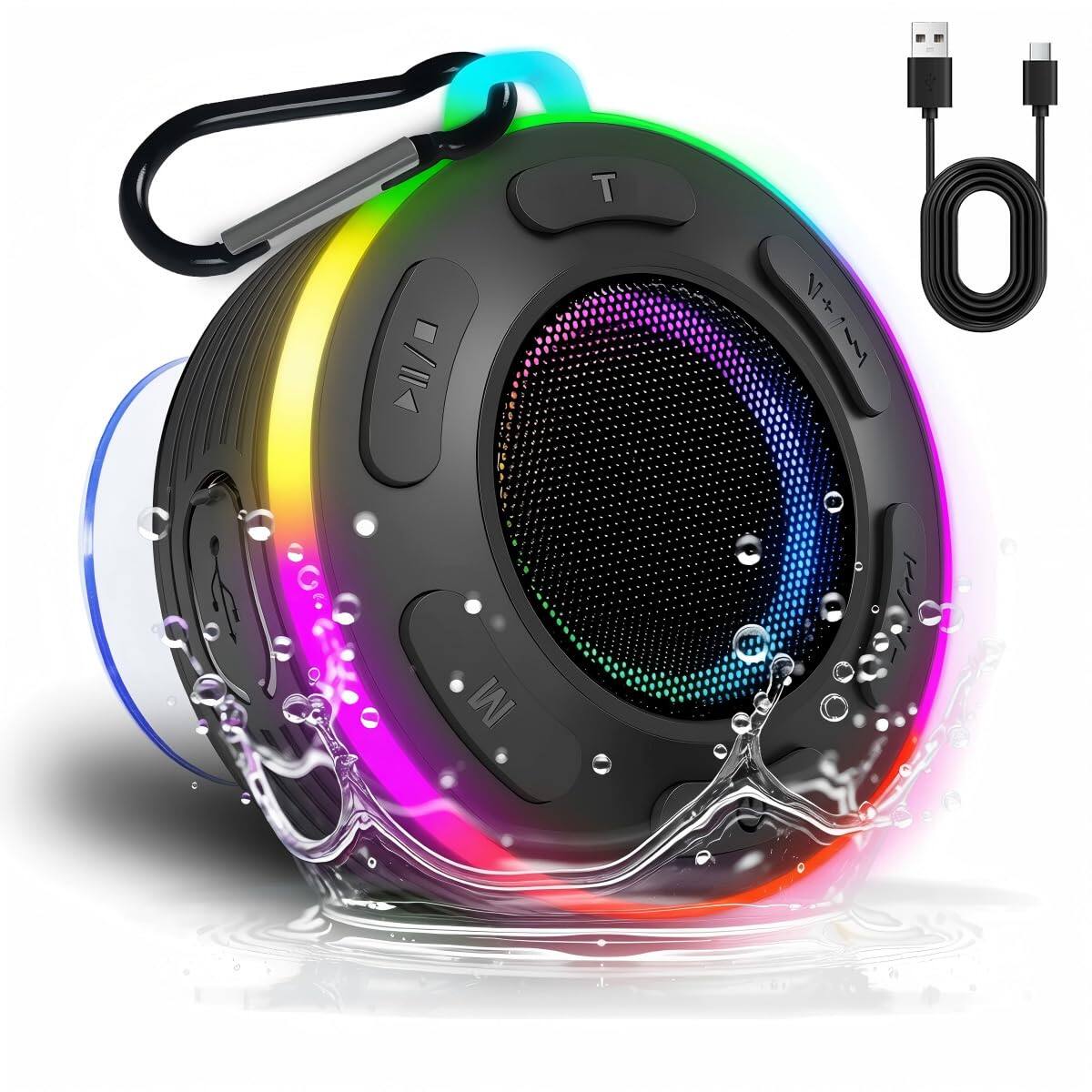 Front. Dazzed Corner - Portable Bluetooth Shower Speaker with Led Light - Black.