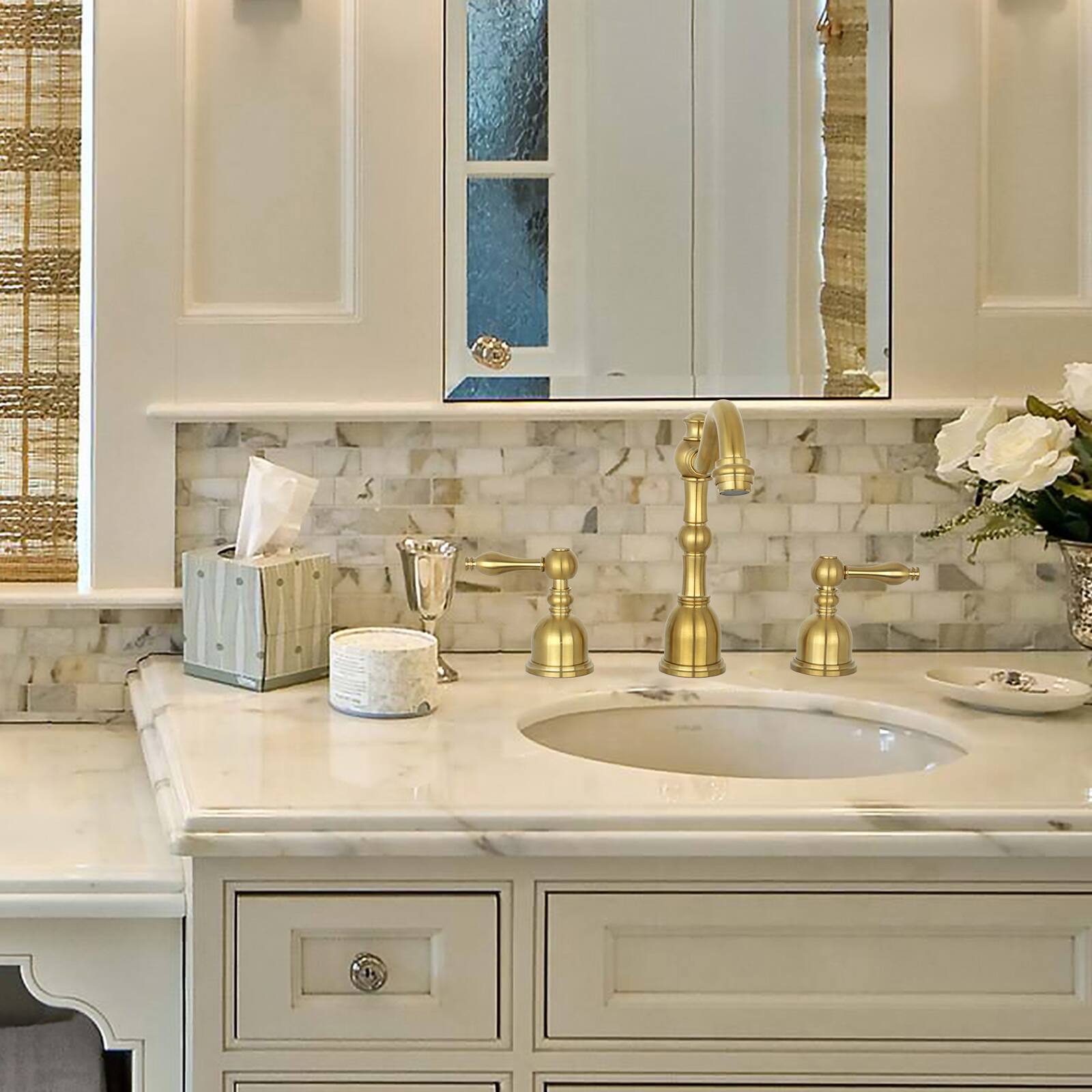 Alt View 3. Akicon - Akicon 8 inch Two-Handles Widespread Bathroom Sink Faucet in Brushed Gold - Brushed Gold.