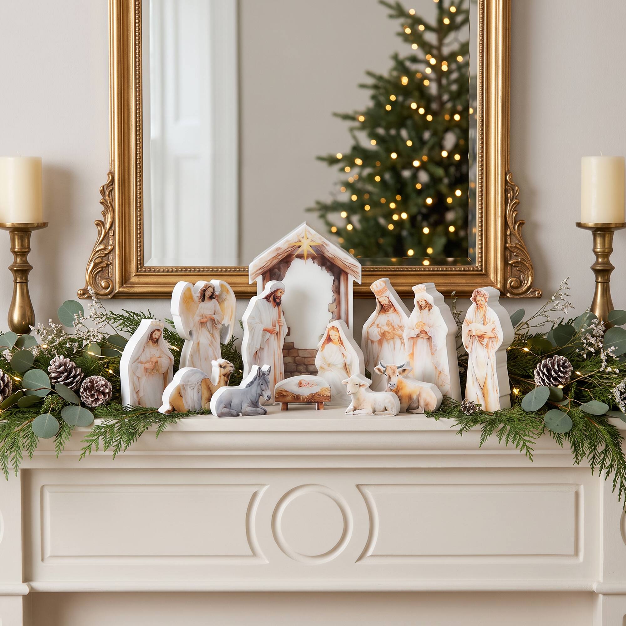 Front. Glitzhome - 13pcs Wooden & Epoxy Resin Nativity Figurine Set - Multi-Colored.