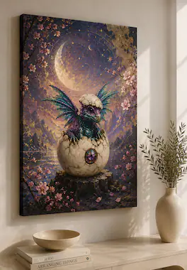 FC Design - Large Moonlit Baby Dragon Wall Art Canvas Print 24x36" Fantasy Creature Black Hatchling Painting for Home Decor - MultiColor