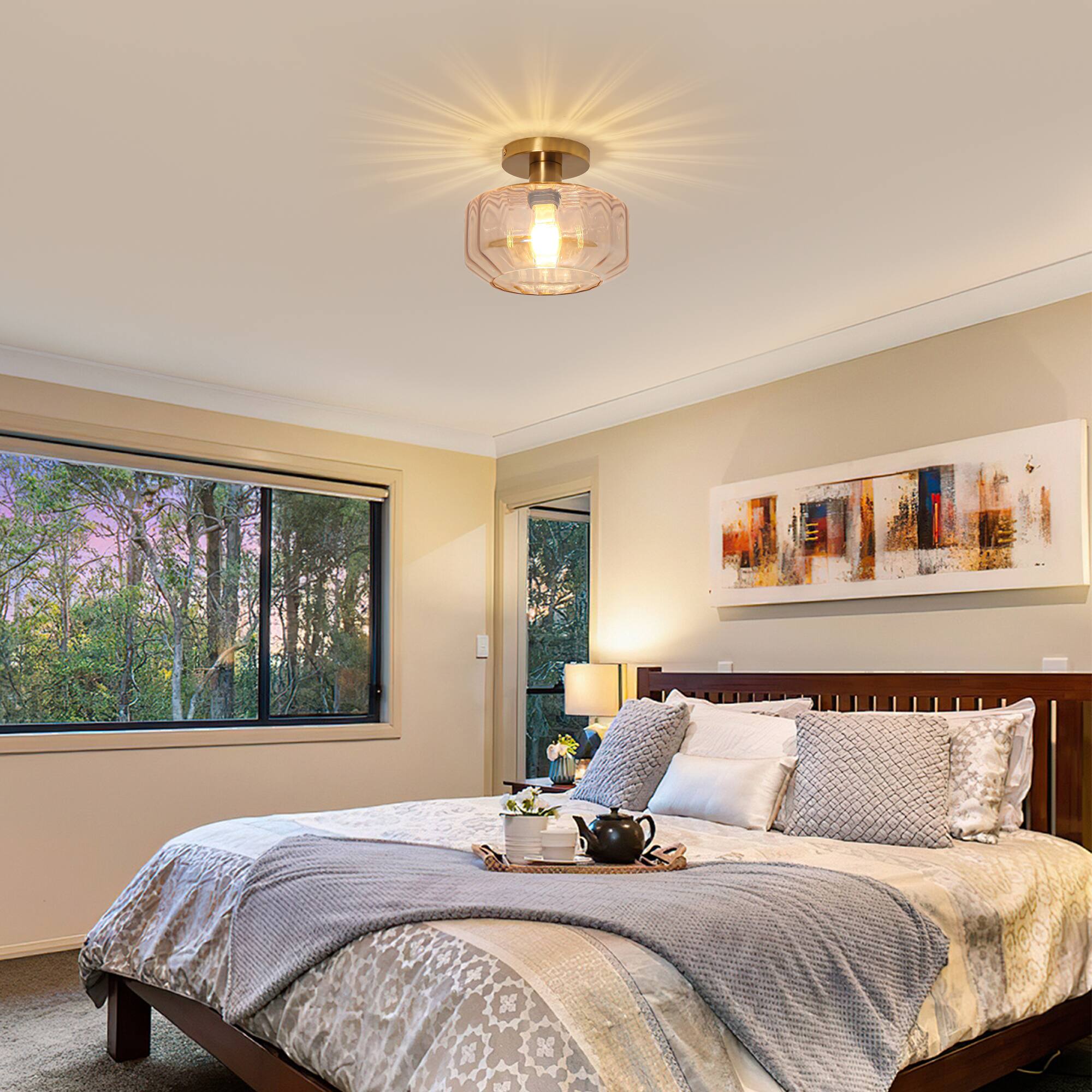 Left. Parrot Uncle - 9" Vintage Amber Glass Semi Flush Mount Ceiling Light - Gold.