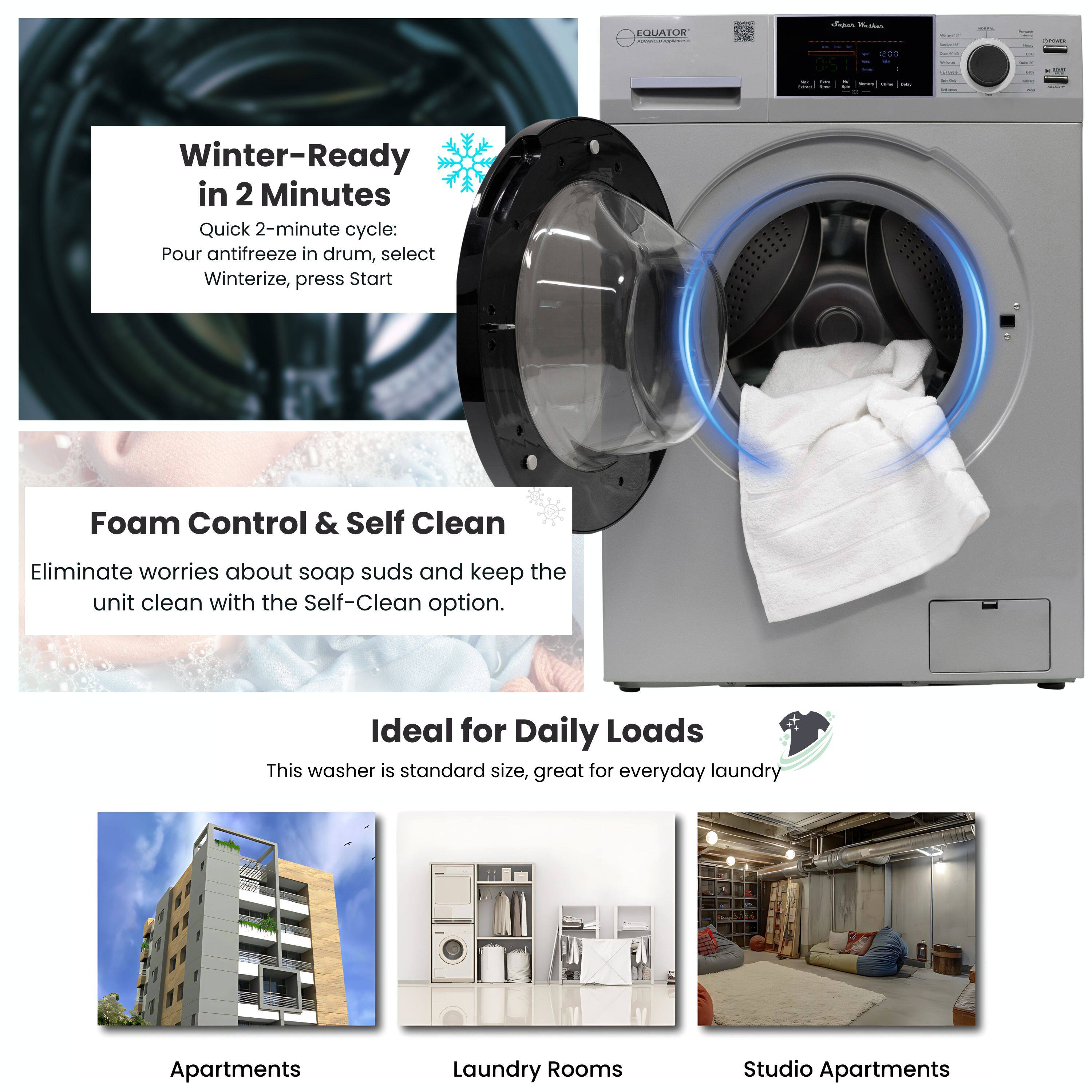 EQUATOR

Winter-Ready in 2 Minutes  
Quick 2-minute cycle:  
Pour antifreeze in drum, select Winterize, press Start

Foam Control & Self Clean  
Eliminate worries about soap suds and keep the unit clean with the Self-Clean option.

Ideal for Daily Loads  
This washer is standard size, great for everyday laundry

Apartments  
Laundry Rooms  
Studio Apartments