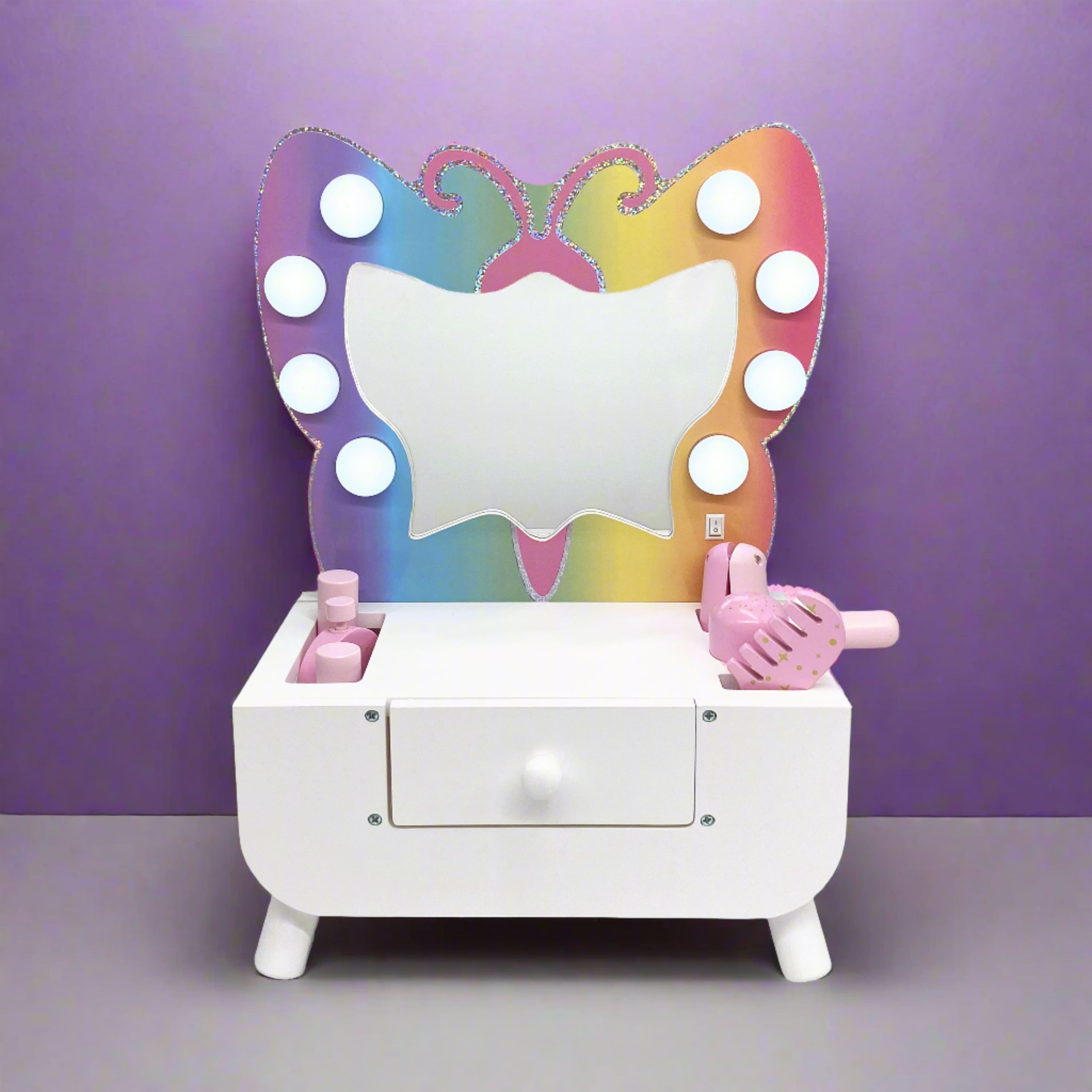 Teamson Kids - Colorful Butterfly-Shaped Tabletop Vanity with Illuminated Mirror